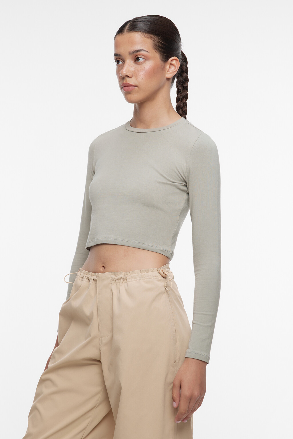 Лонгслив хлопковый укороченный облегающего кроя - цвет зеленый - 3