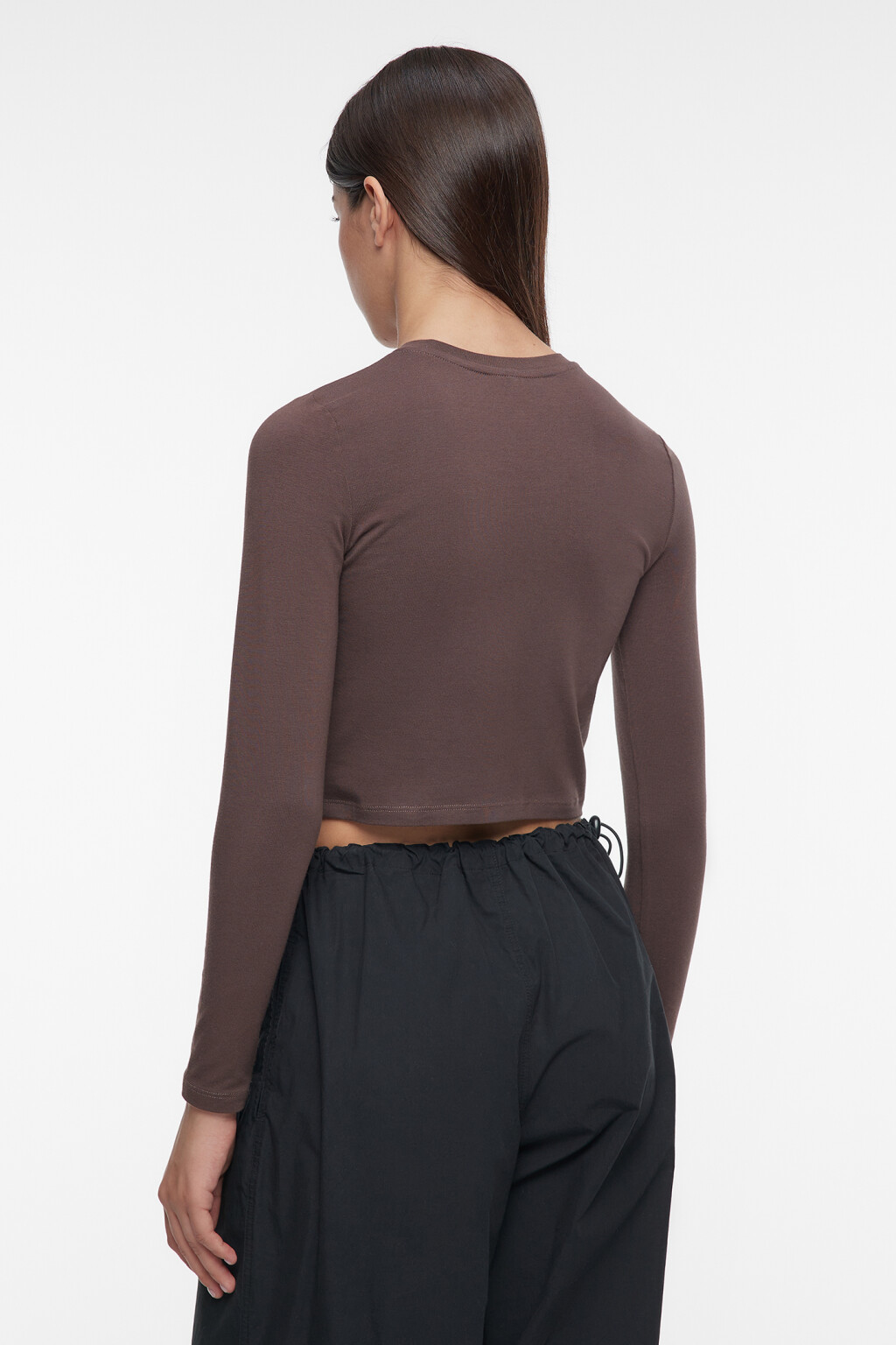 Лонгслив хлопковый укороченный облегающего кроя - цвет коричневый - 3