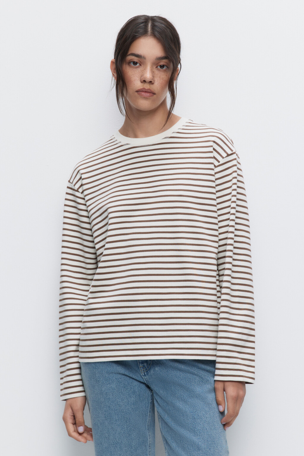 Лонгслив oversize хлопковый с принтом в полоску - цвет бежевый - 1