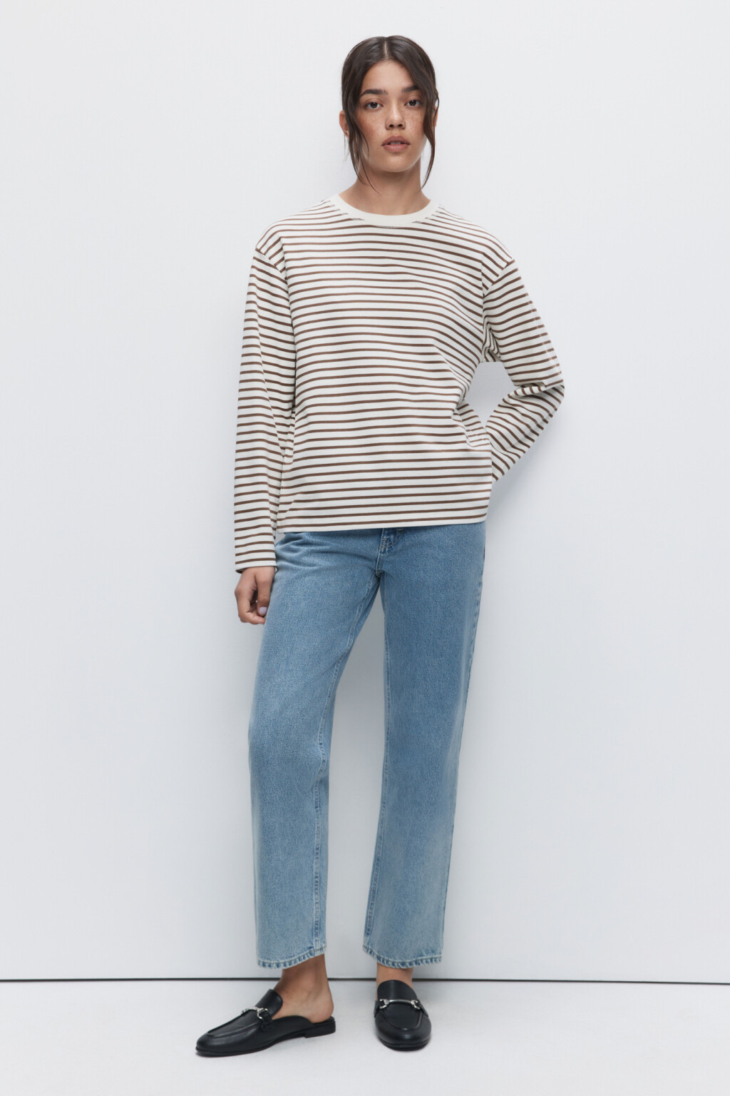 Лонгслив oversize хлопковый с принтом в полоску - цвет бежевый - 4