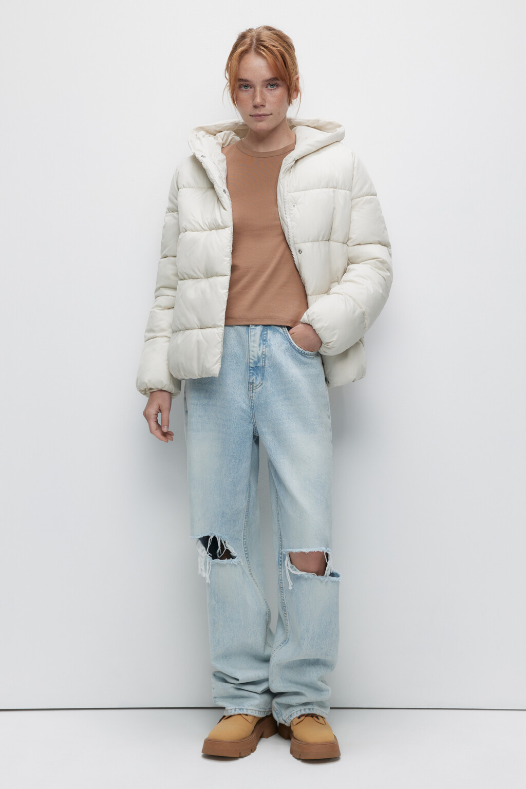 Куртка короткая стеганая с капюшоном - цвет бежевый - 1