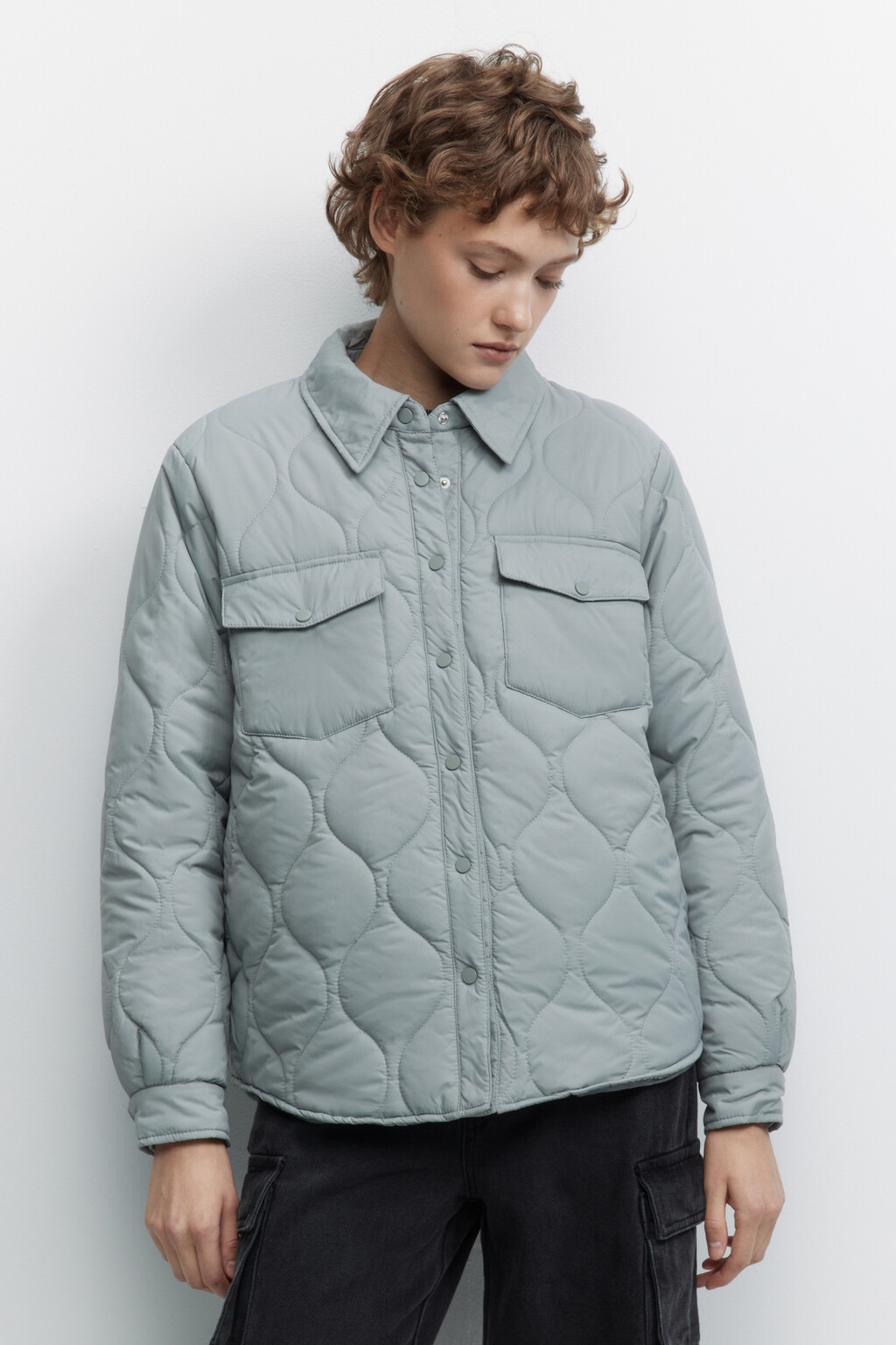 Куртка-рубашка oversize стеганая с нагрудными карманами - цвет голубой - 2