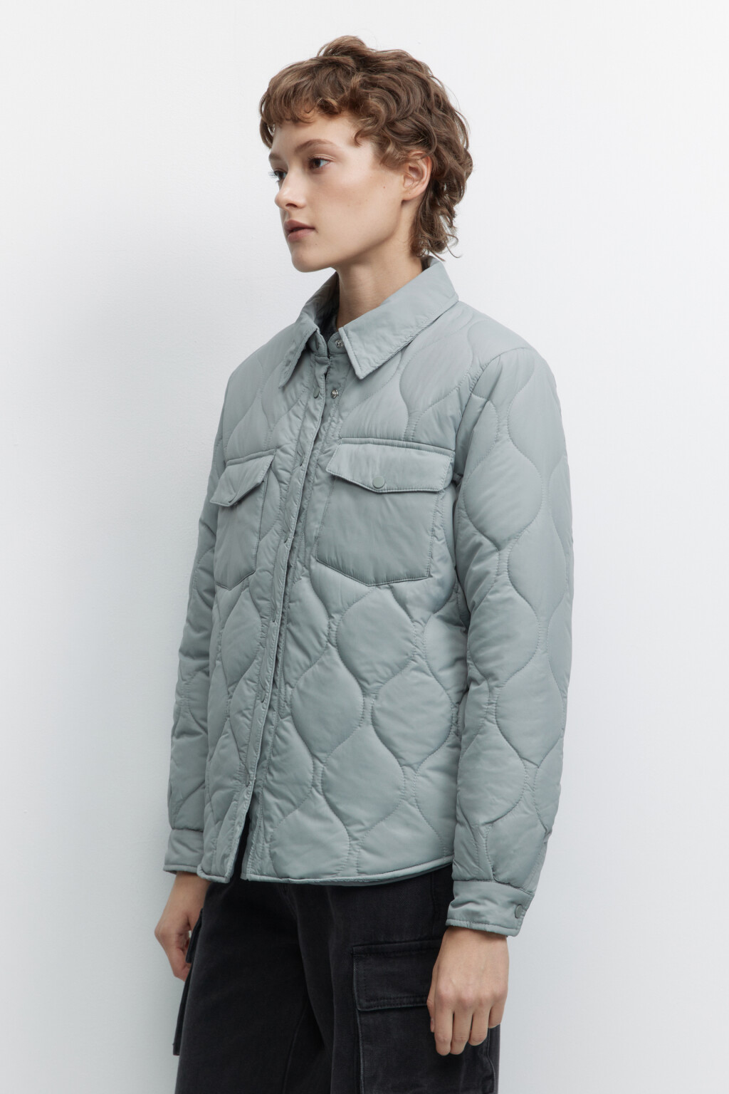 Куртка-рубашка oversize стеганая с нагрудными карманами - цвет голубой - 3