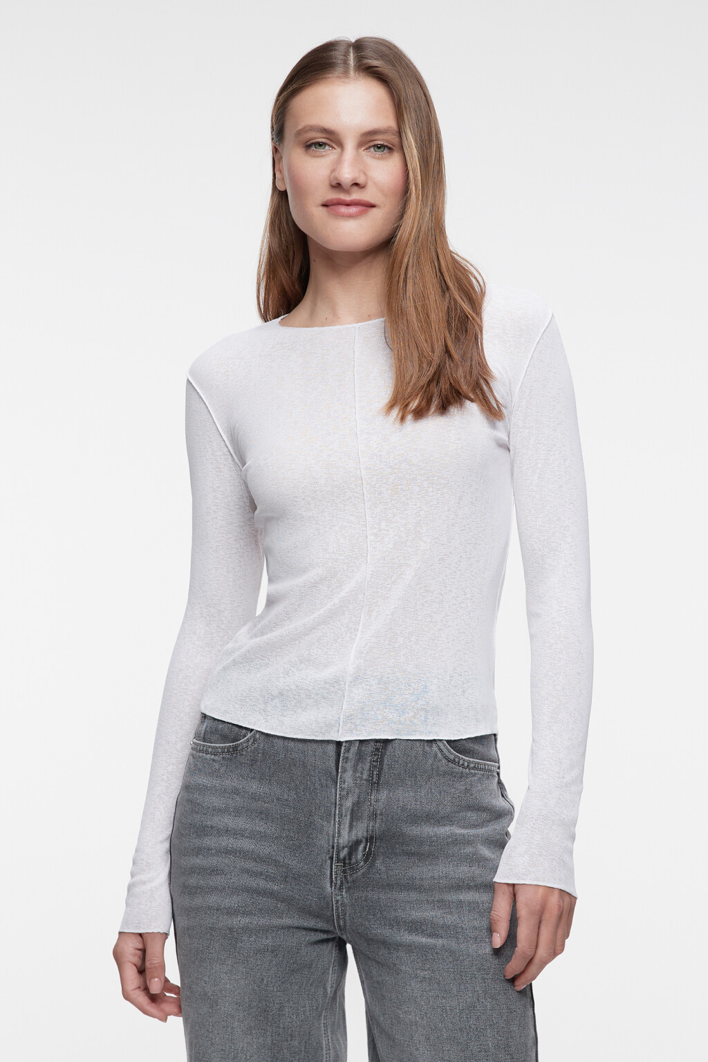 Лонгслив тонкий облегающий с вырезом-лодочкой - цвет белый - 2