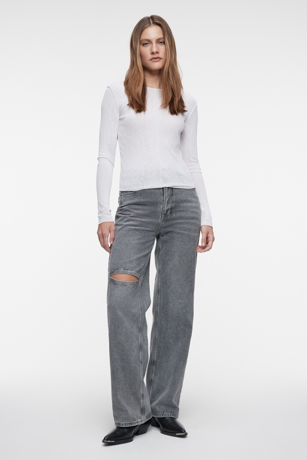 Лонгслив тонкий облегающий с вырезом-лодочкой - цвет белый - 1