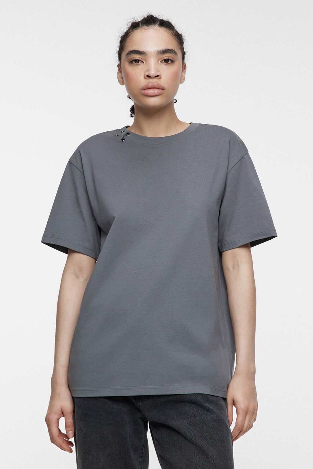 Футболка oversize хлопковая с металлическим пирсингом - цвет серый - 1