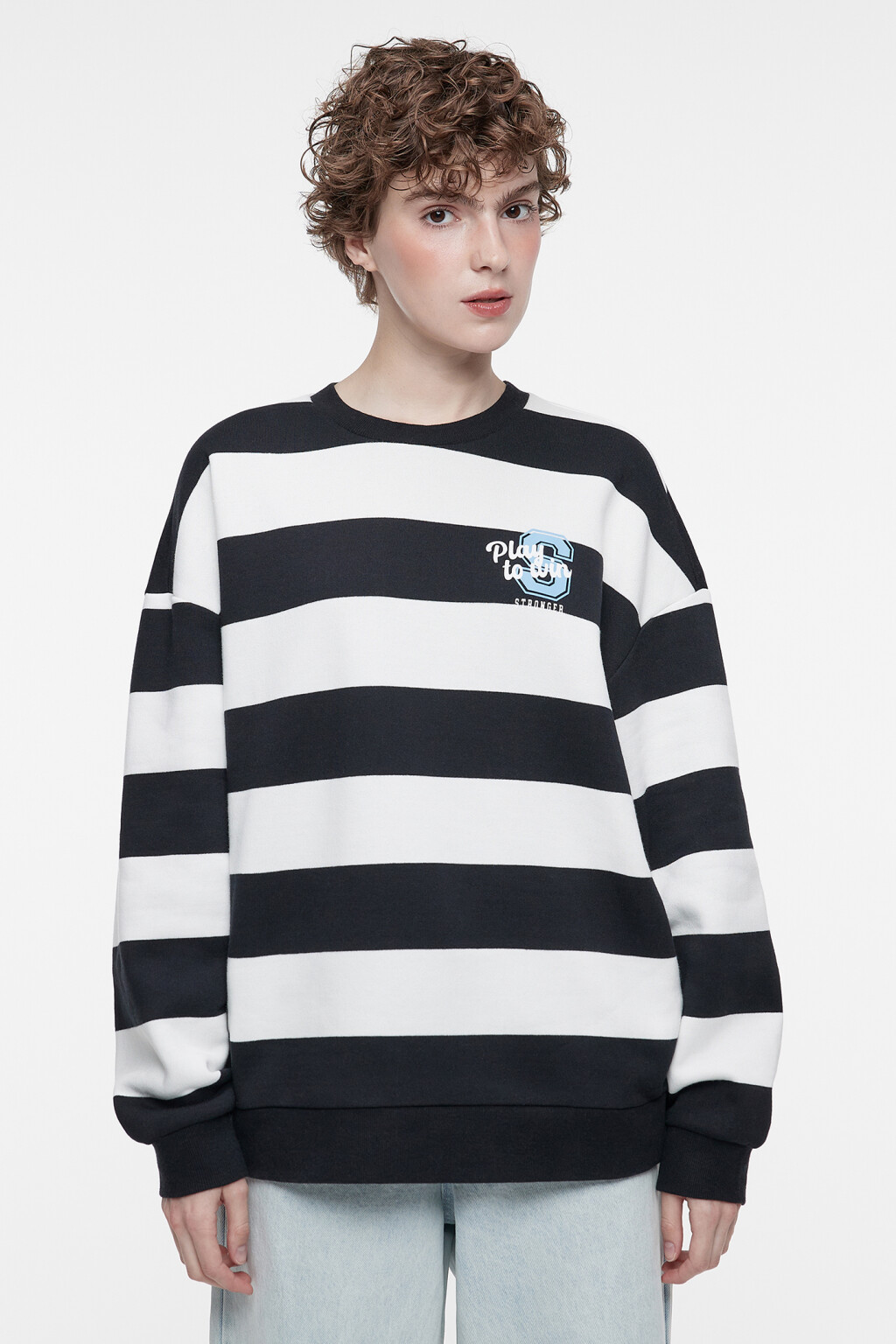 Свитшот хлопковый свободный с принтом в полоску - цвет черный - 2