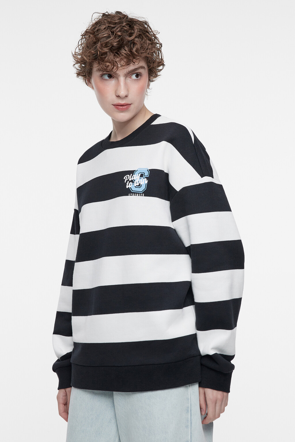 Свитшот хлопковый свободный с принтом в полоску - цвет черный - 3