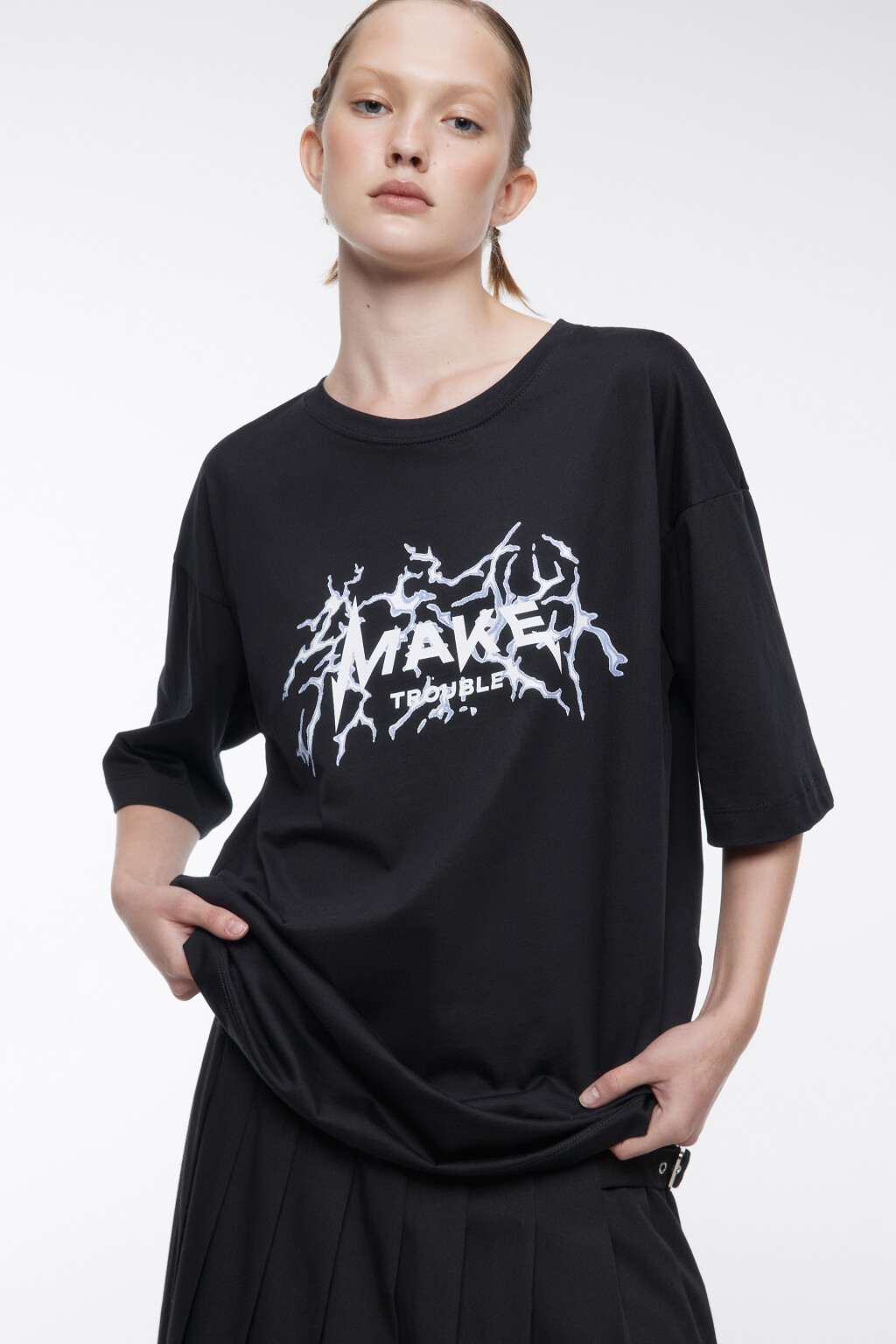 Футболка oversize хлопковая с принтом-надписью - цвет черный - 2