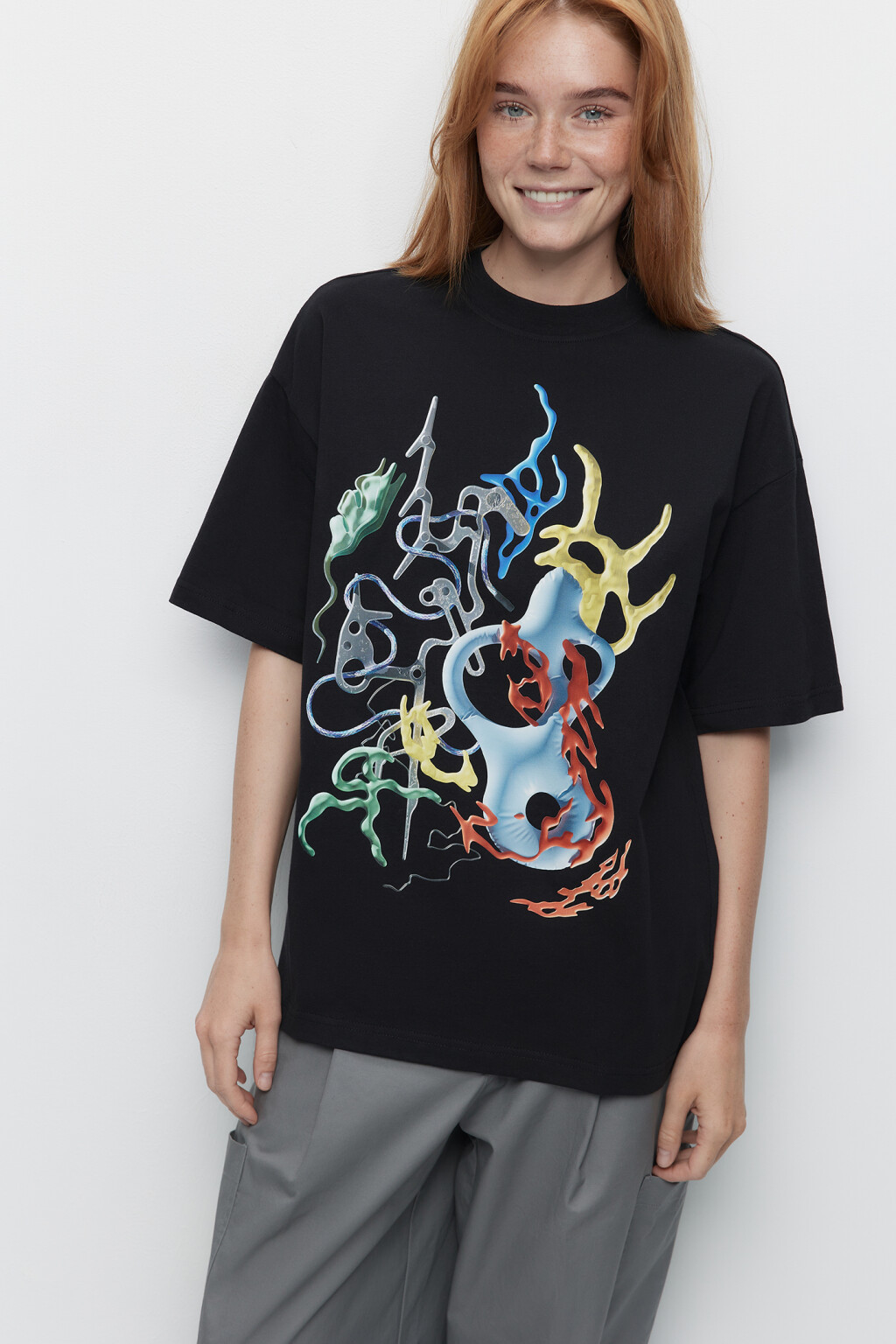 Футболка oversize хлопковая с принтом-абстракцией - цвет черный - 1
