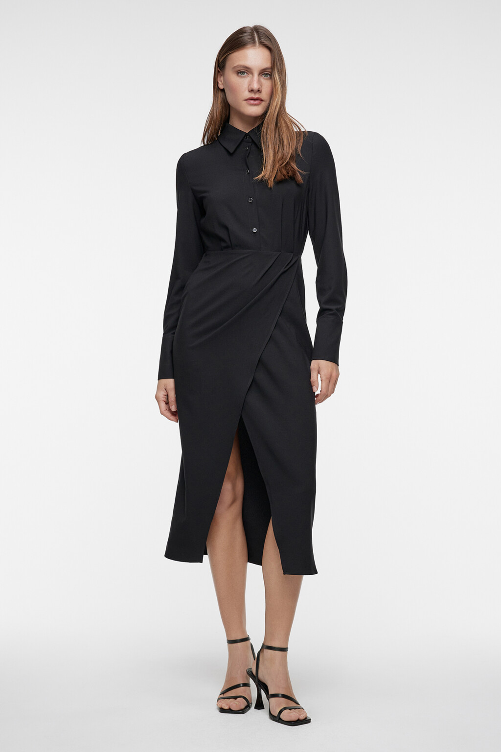 Платье миди с отложным воротником и запахом на юбке - цвет черный - 4