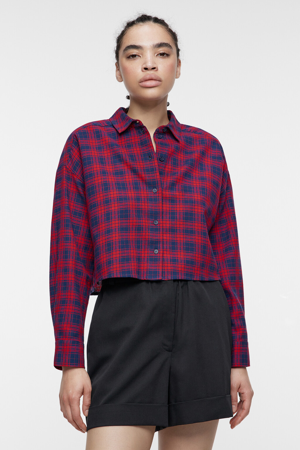 Рубашка фланелевая укороченная с принтом в клетку - цвет красный - 1