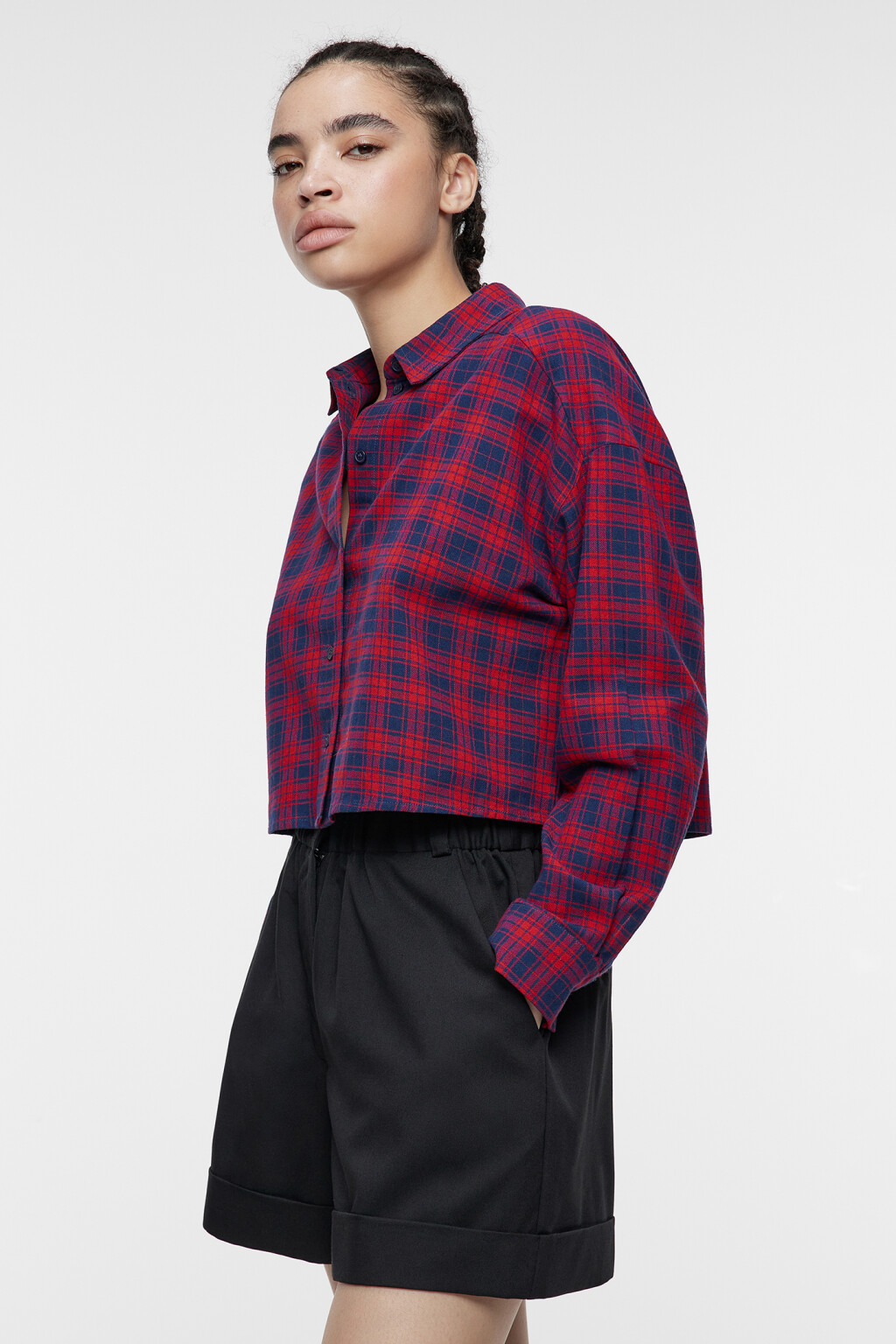 Рубашка фланелевая укороченная с принтом в клетку - цвет красный - 2