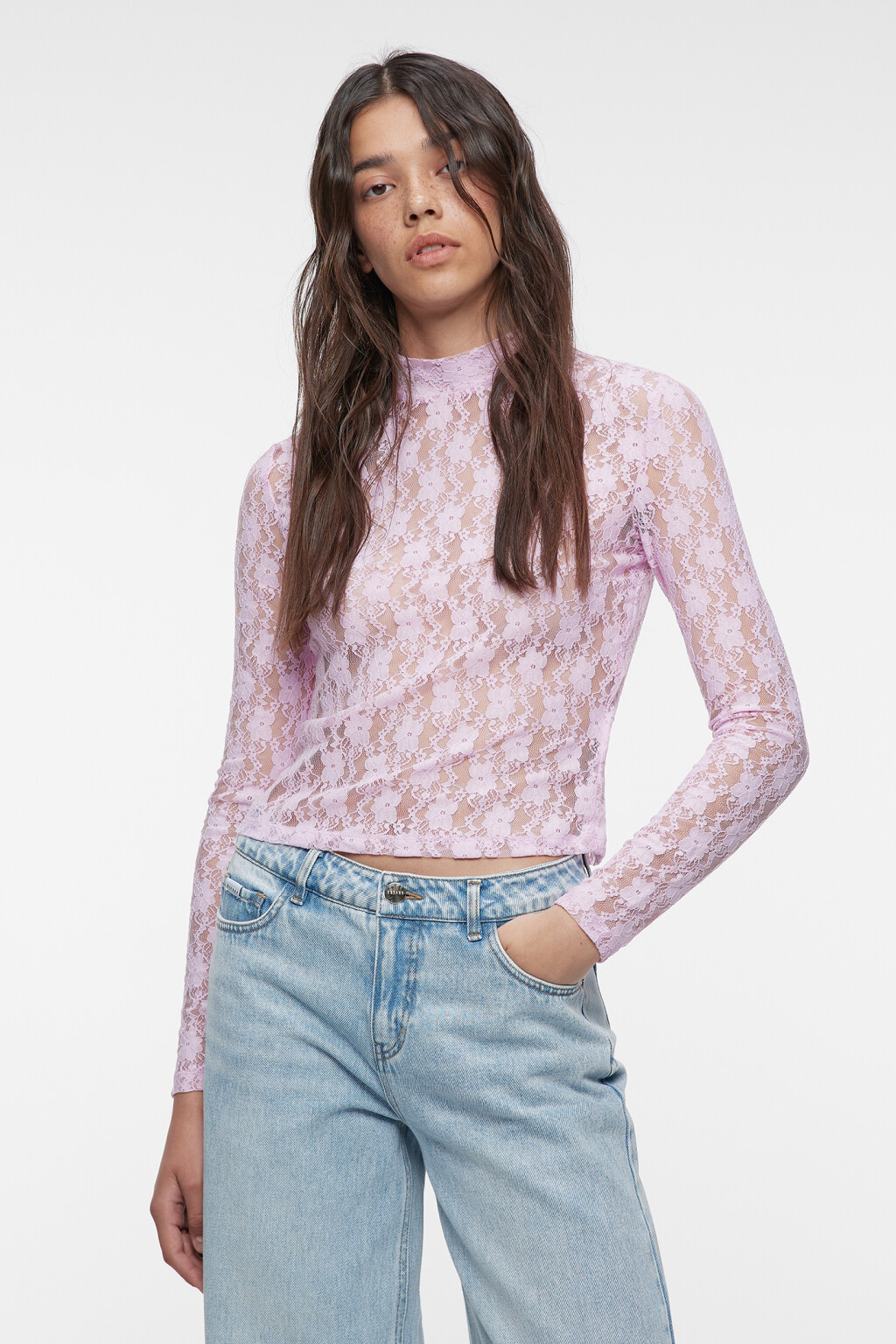 Лонгслив облегающий кружевной с волнистыми краями - цвет розовый - 2
