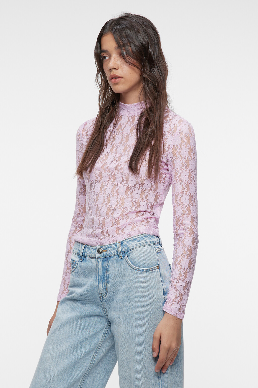Лонгслив облегающий кружевной с волнистыми краями - цвет розовый - 3