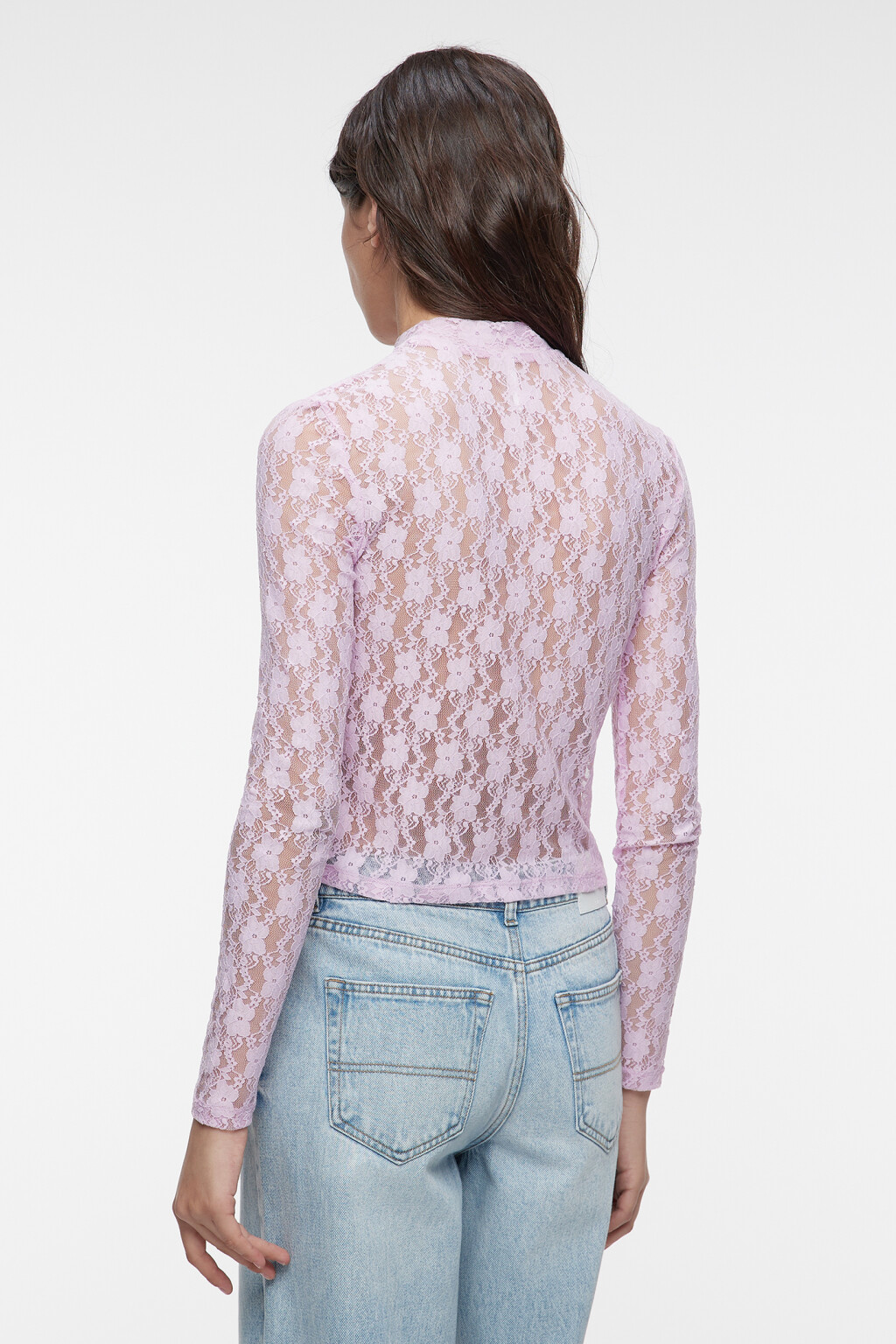 Лонгслив облегающий кружевной с волнистыми краями - цвет розовый - 4