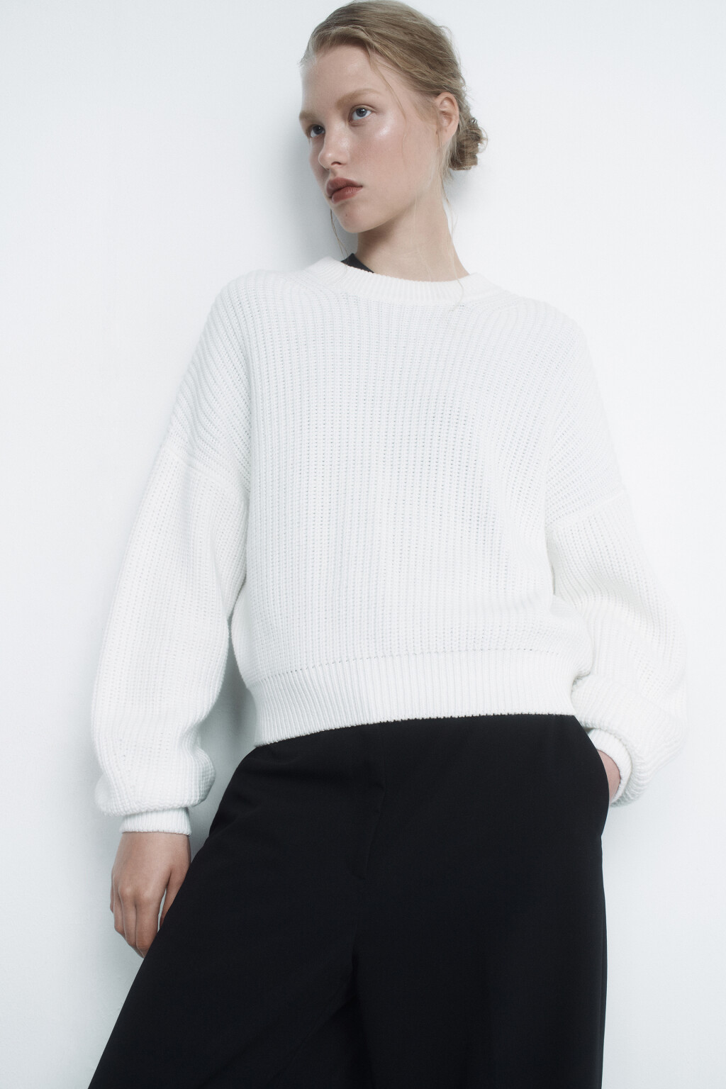 Свитер oversize вязаный хлопковый в рубчик - цвет бежевый - 8