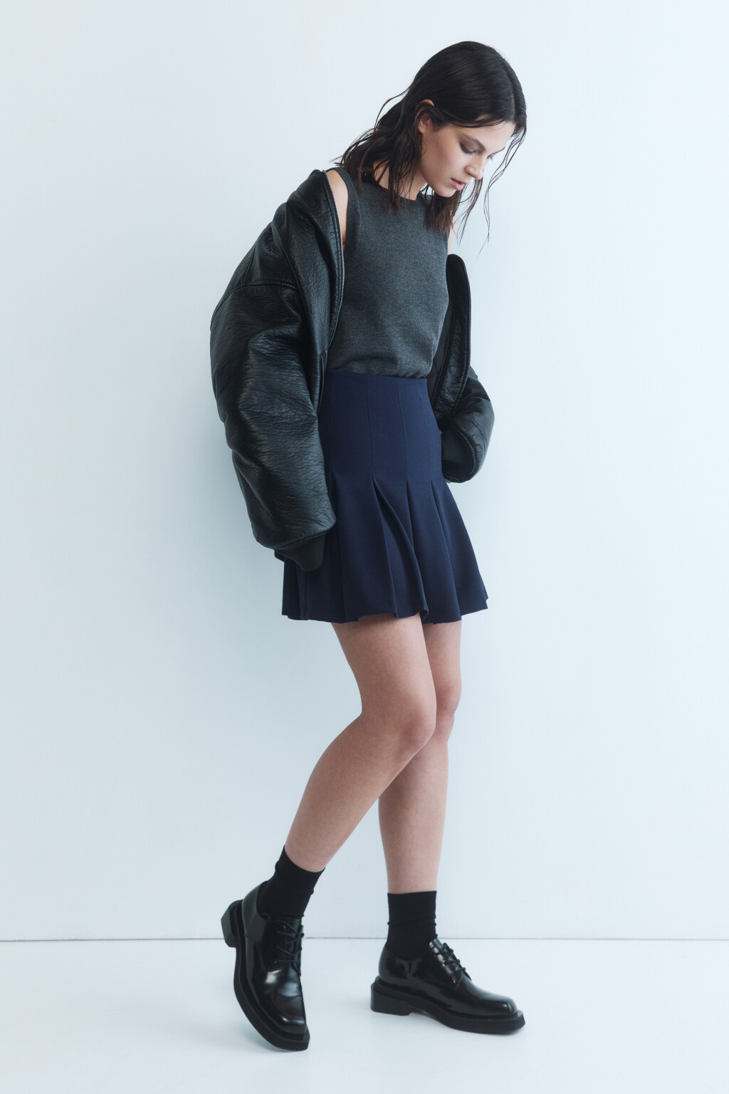 Юбка-трапеция мини плиссированная со средней посадкой - цвет синий - 2