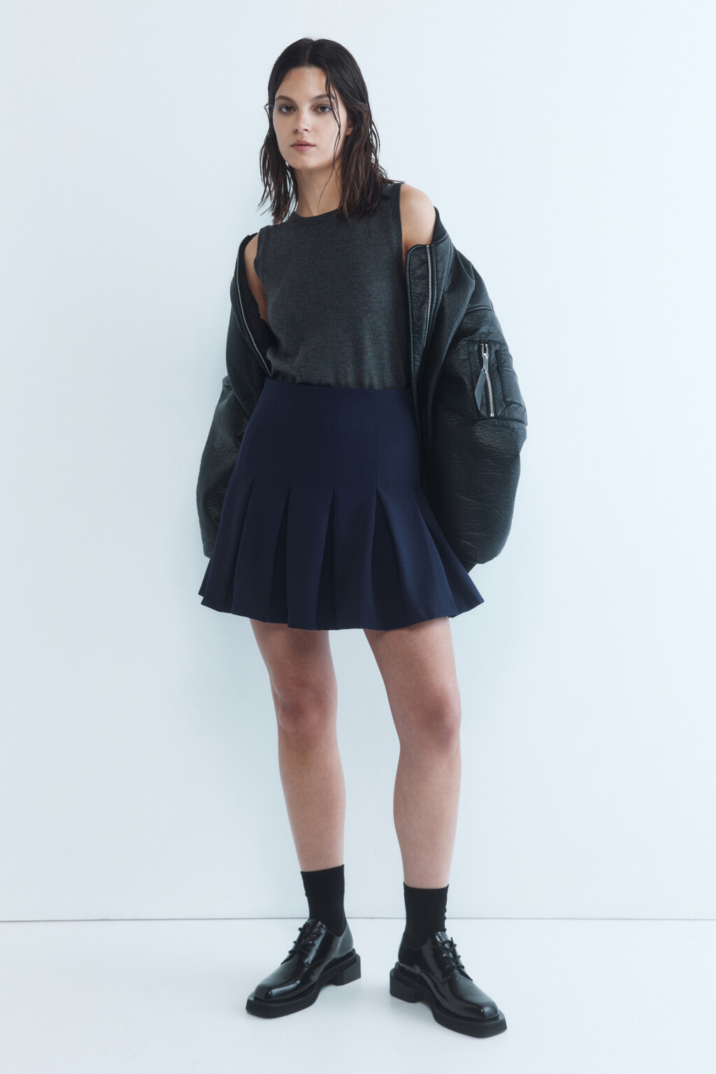 Юбка-трапеция мини плиссированная со средней посадкой - цвет синий - 6