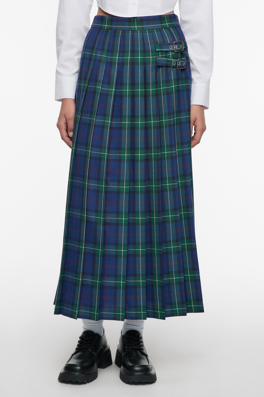 Юбка миди плиссированная в клетку с пряжками - цвет синий - 2