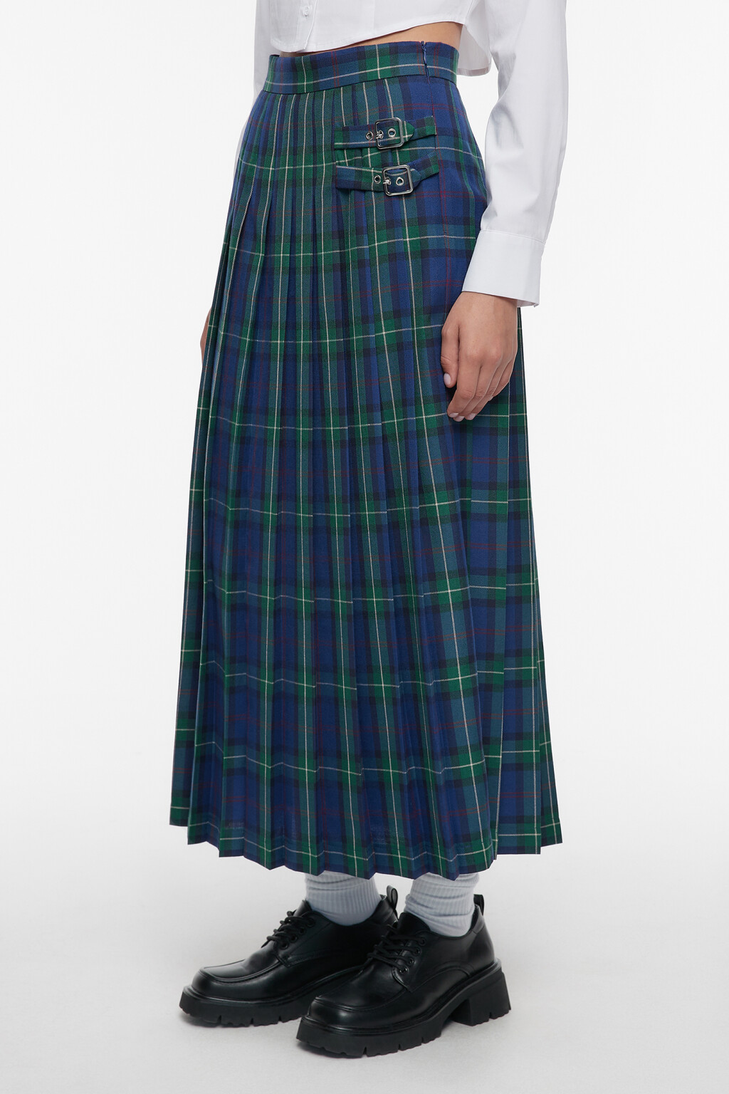 Юбка миди плиссированная в клетку с пряжками - цвет синий - 3
