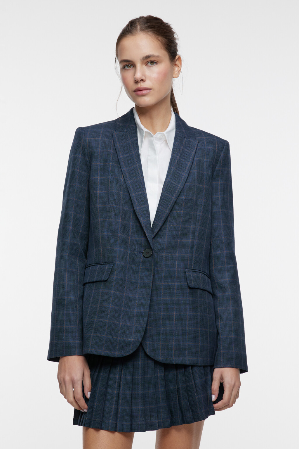 Пиджак прямой однобортный с принтом в клетку - цвет синий - 1