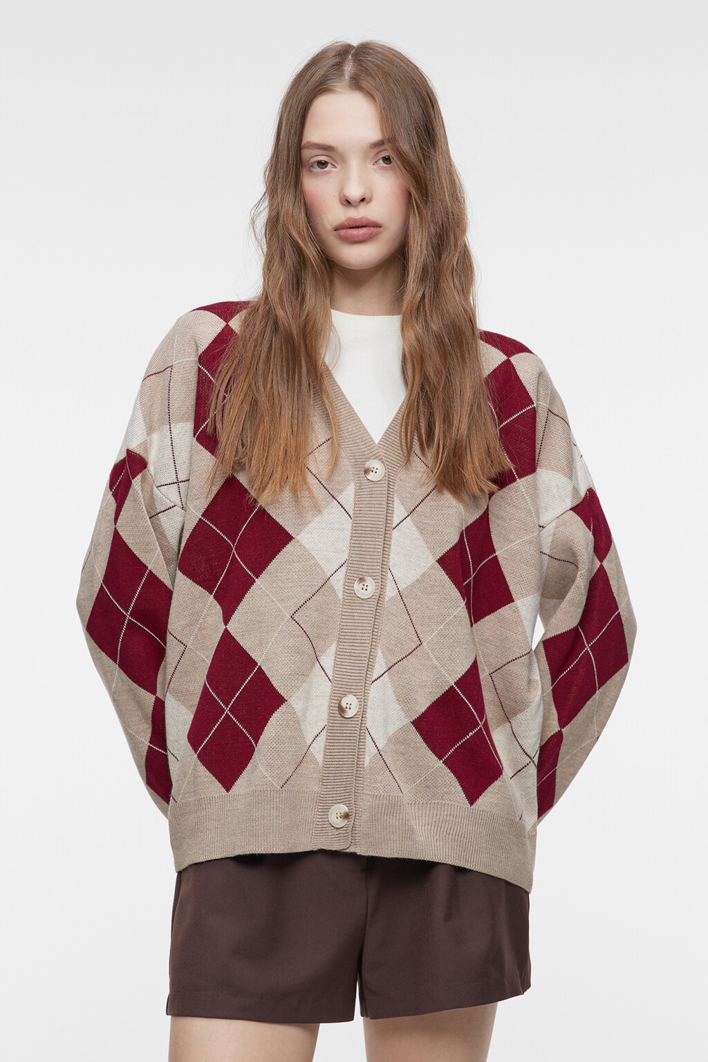 Кардиган oversize жаккардовый с принтом в ромбы - цвет бежевый - 3