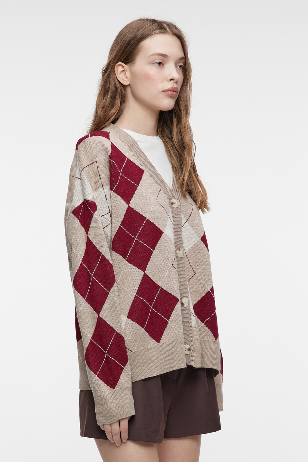 Кардиган oversize жаккардовый с принтом в ромбы - цвет бежевый - 2