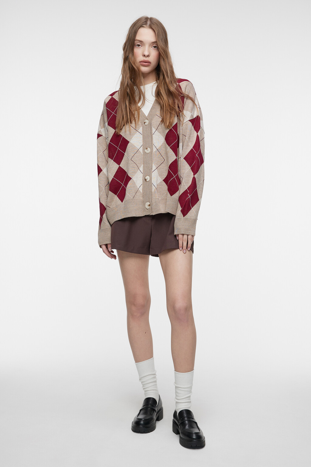 Кардиган oversize жаккардовый с принтом в ромбы - цвет бежевый - 1