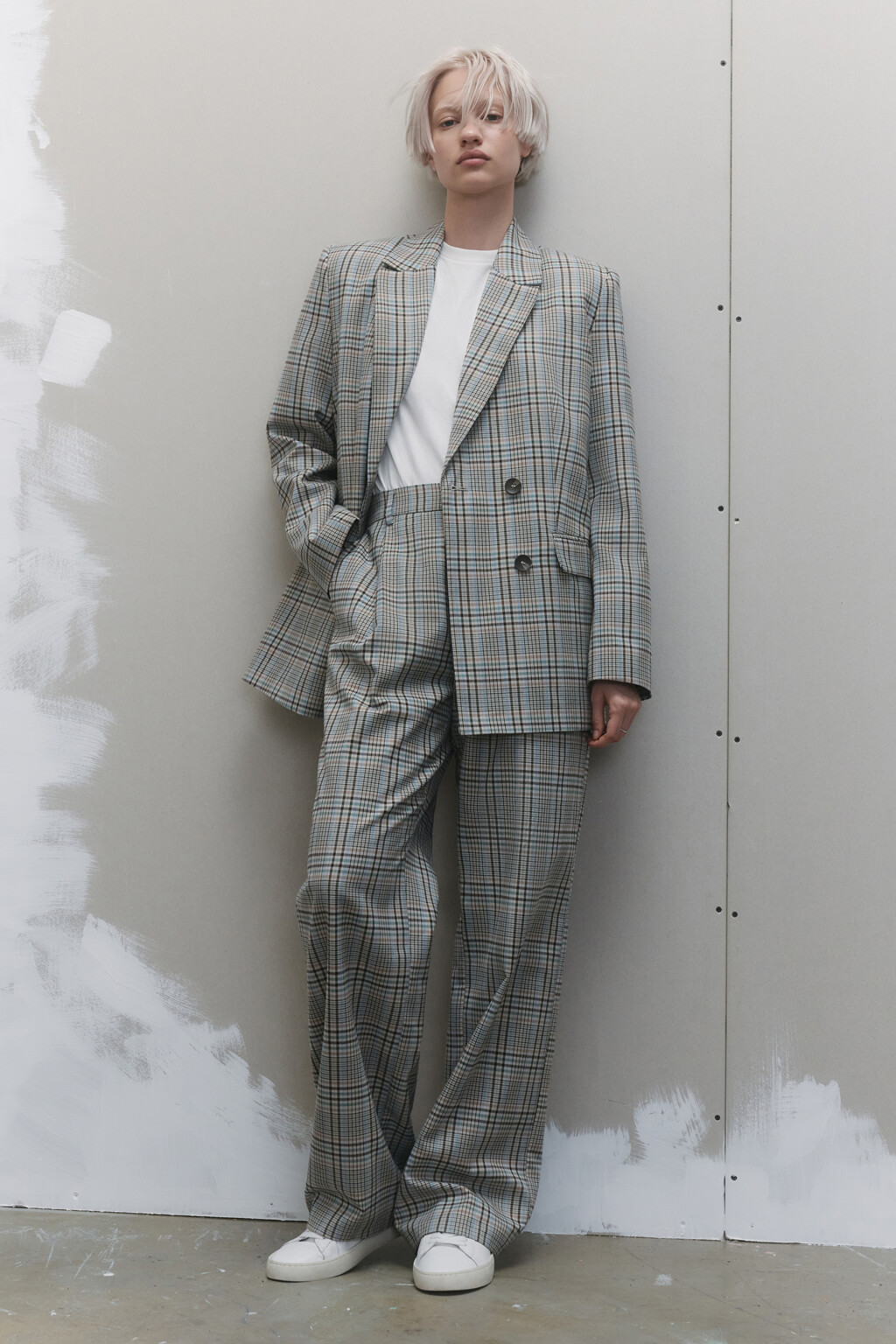 Брюки широкие костюмные с принтом в клетку - цвет бежевый - 7