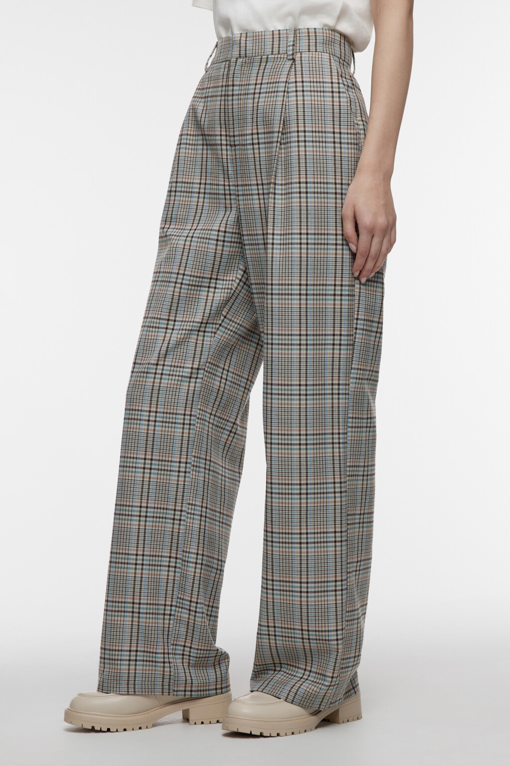 Брюки широкие костюмные с принтом в клетку - цвет бежевый - 2