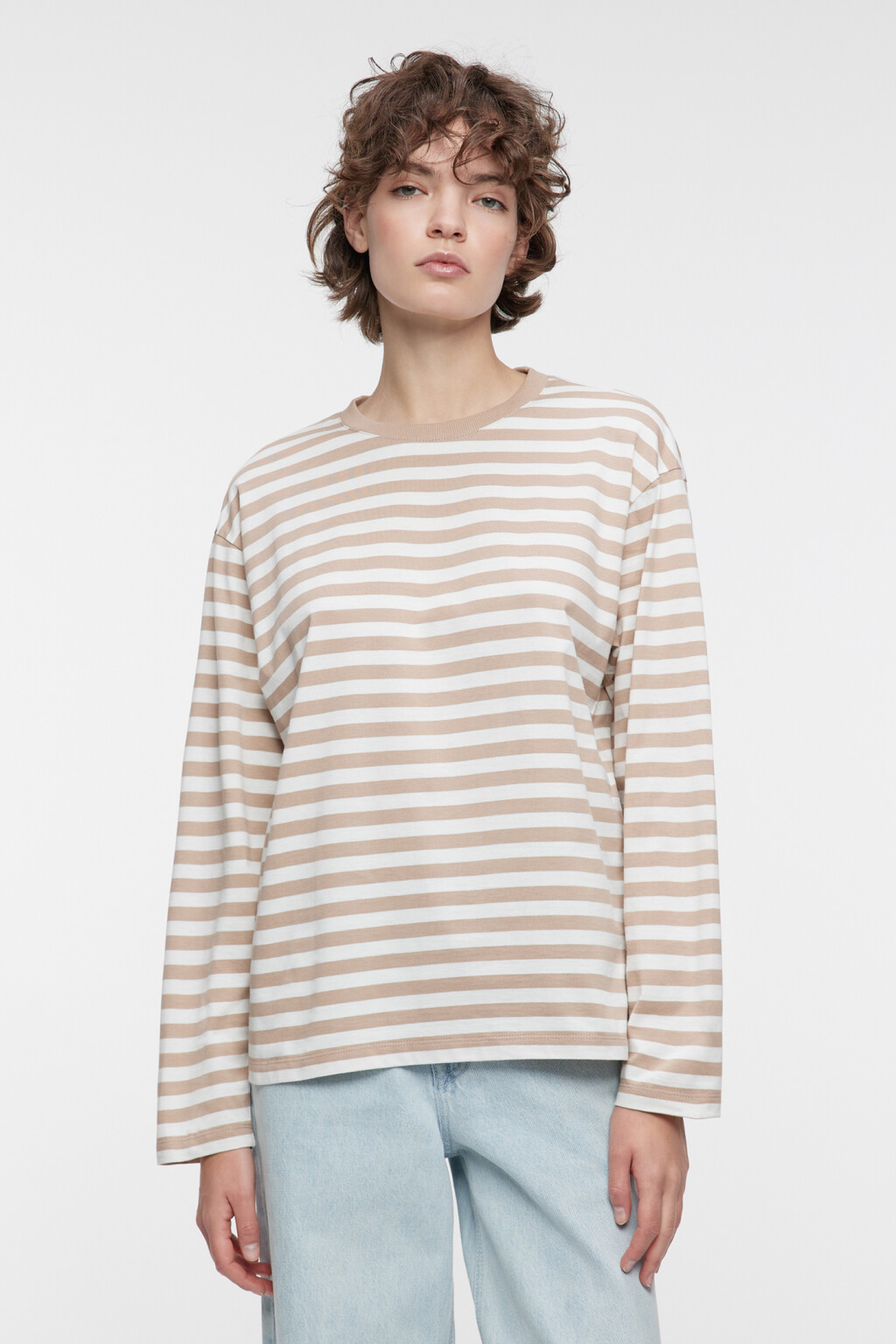 Лонгслив свободный хлопковый с принтом в полоску - цвет бежевый - 2