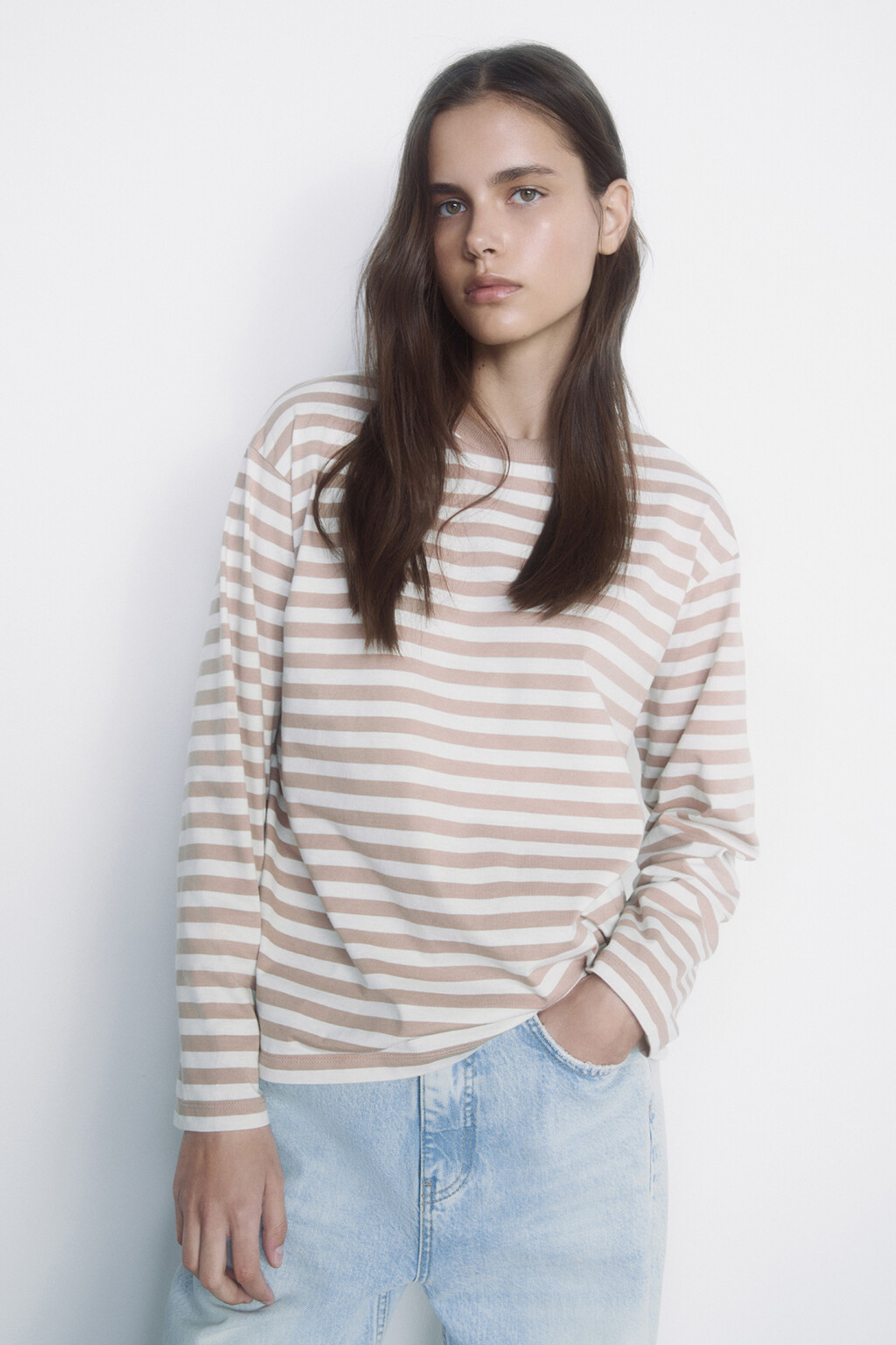 Лонгслив свободный хлопковый с принтом в полоску - цвет бежевый - 8