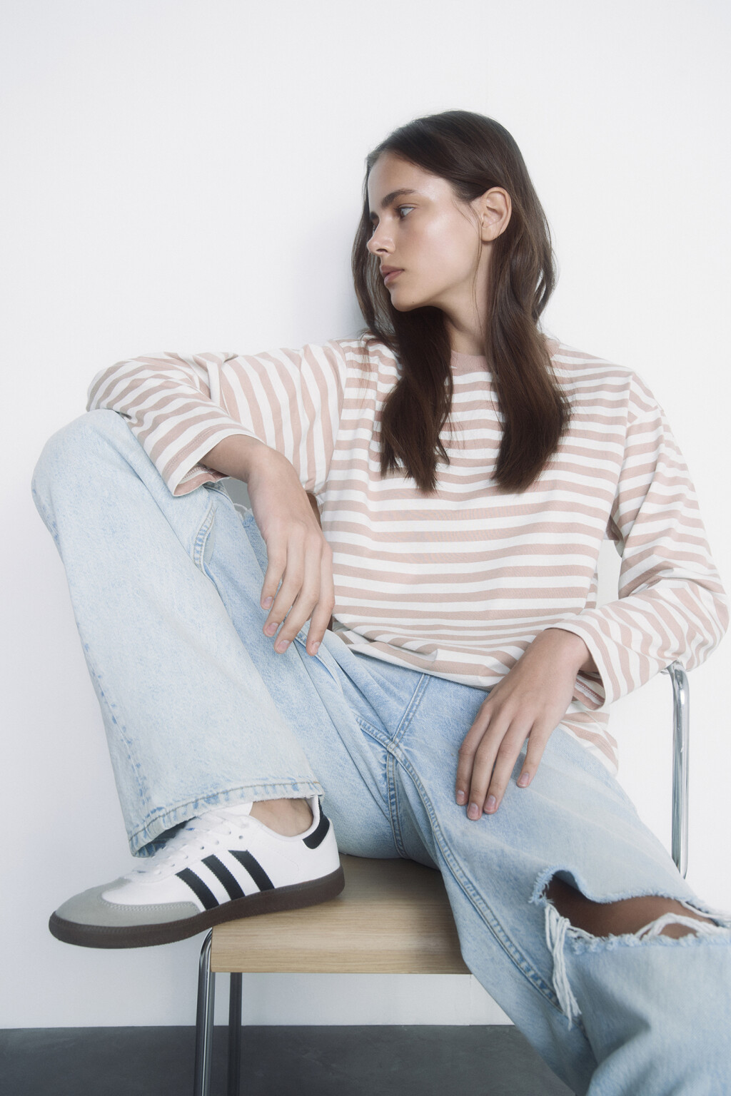 Лонгслив свободный хлопковый с принтом в полоску - цвет бежевый - 7