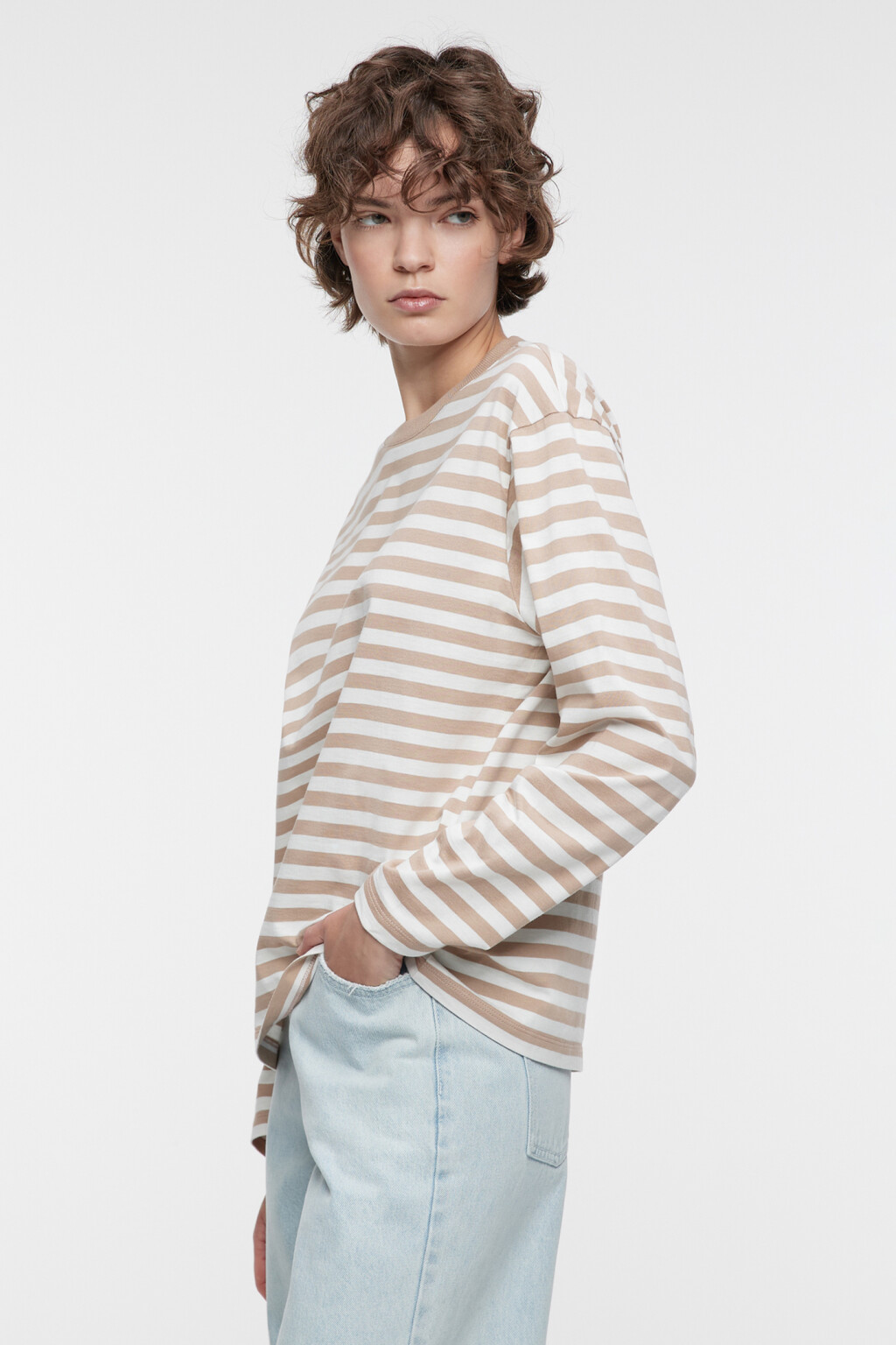 Лонгслив свободный хлопковый с принтом в полоску - цвет бежевый - 3