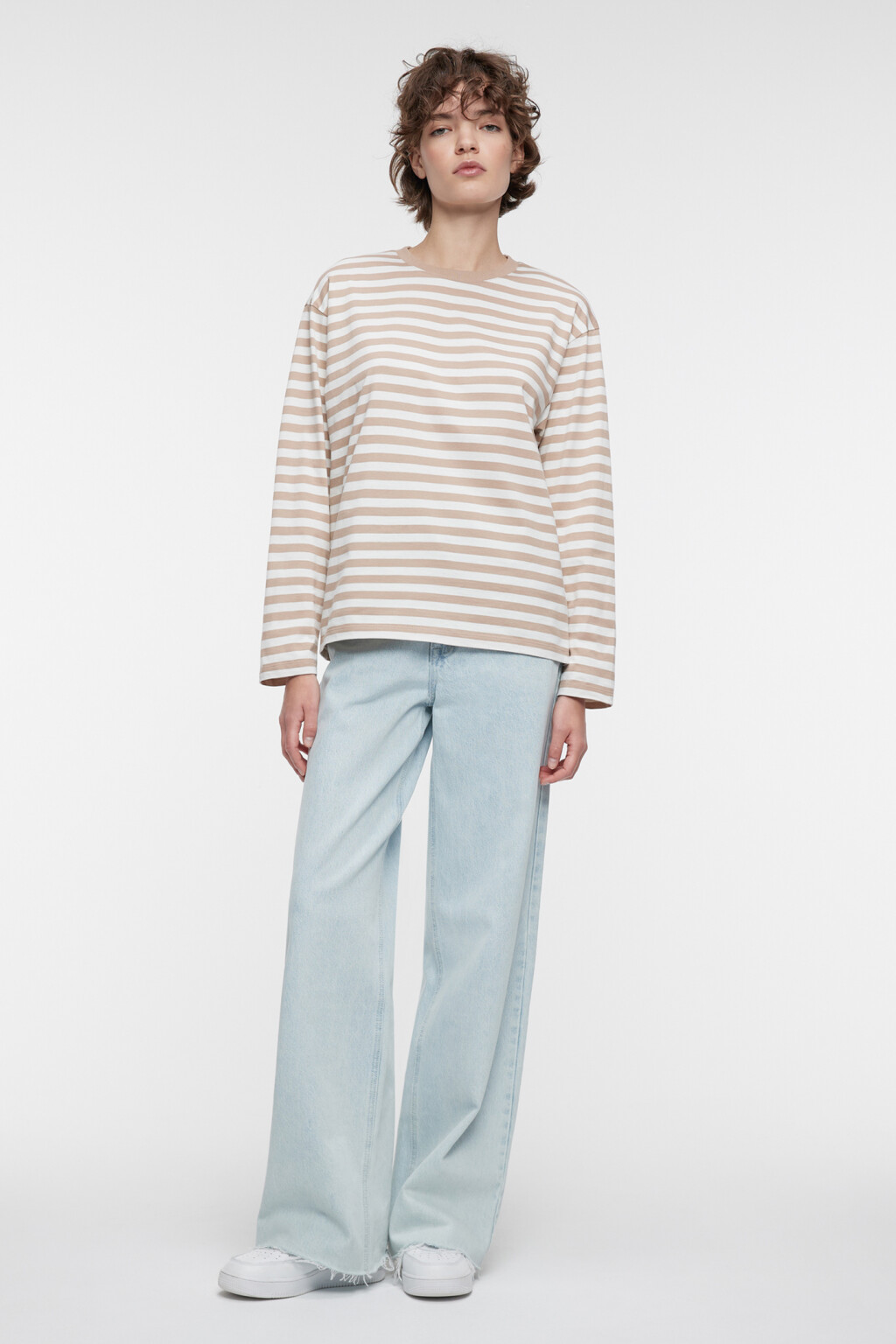 Лонгслив свободный хлопковый с принтом в полоску - цвет бежевый - 1