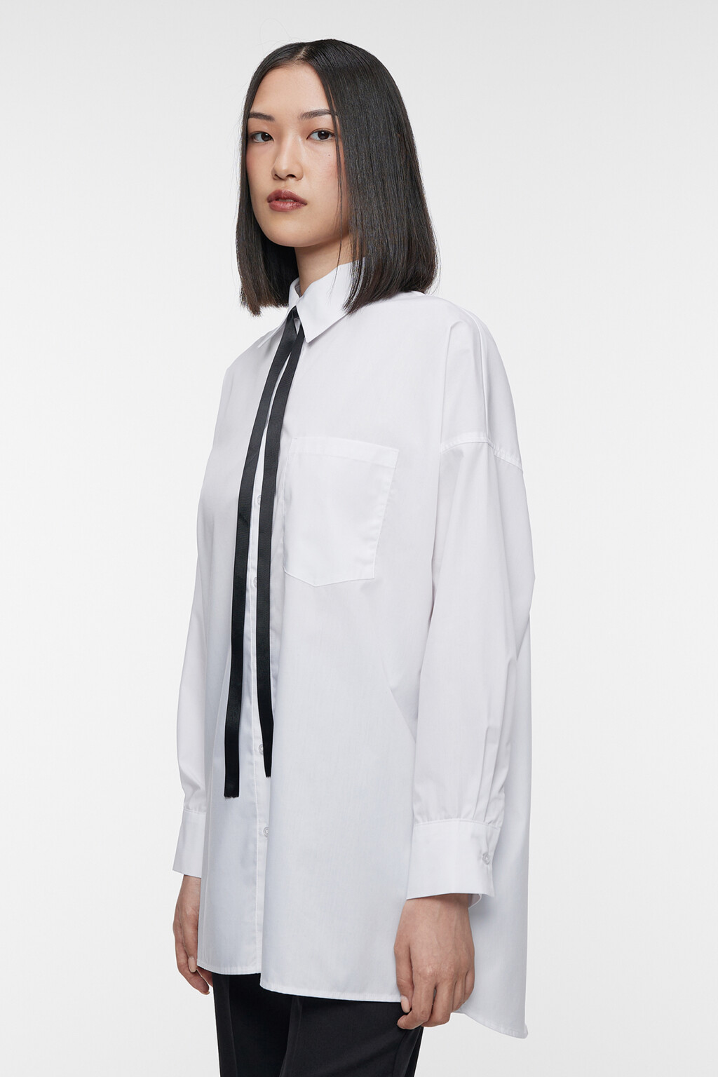 Рубашка-овершот длинная свободная с галстуком - цвет белый - 2