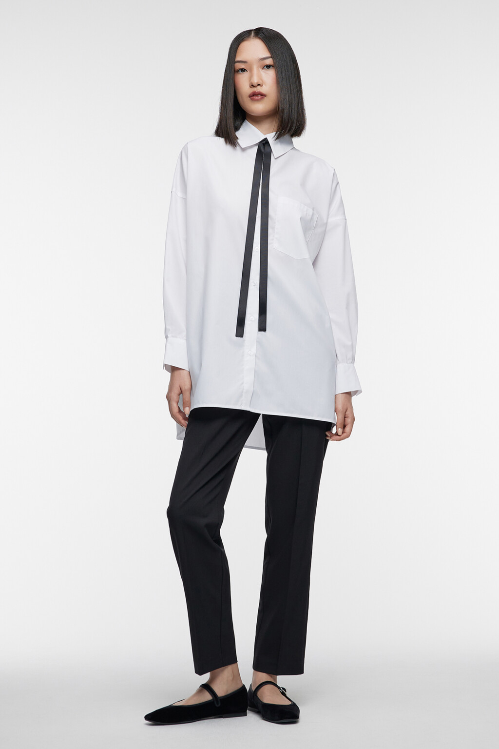 Рубашка-овершот длинная свободная с галстуком - цвет белый - 4