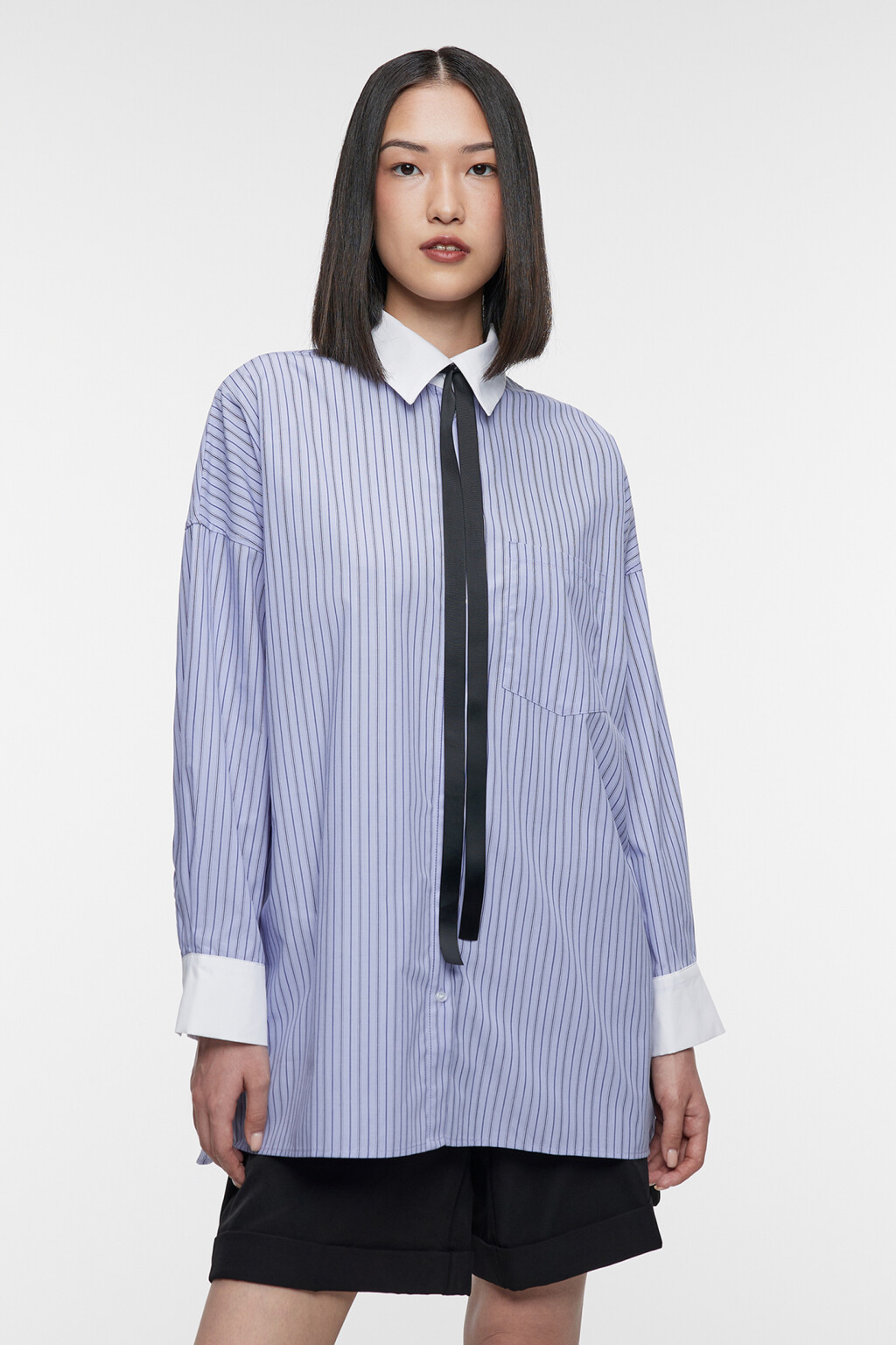 Рубашка-овершот длинная свободная с галстуком - цвет голубой - 2