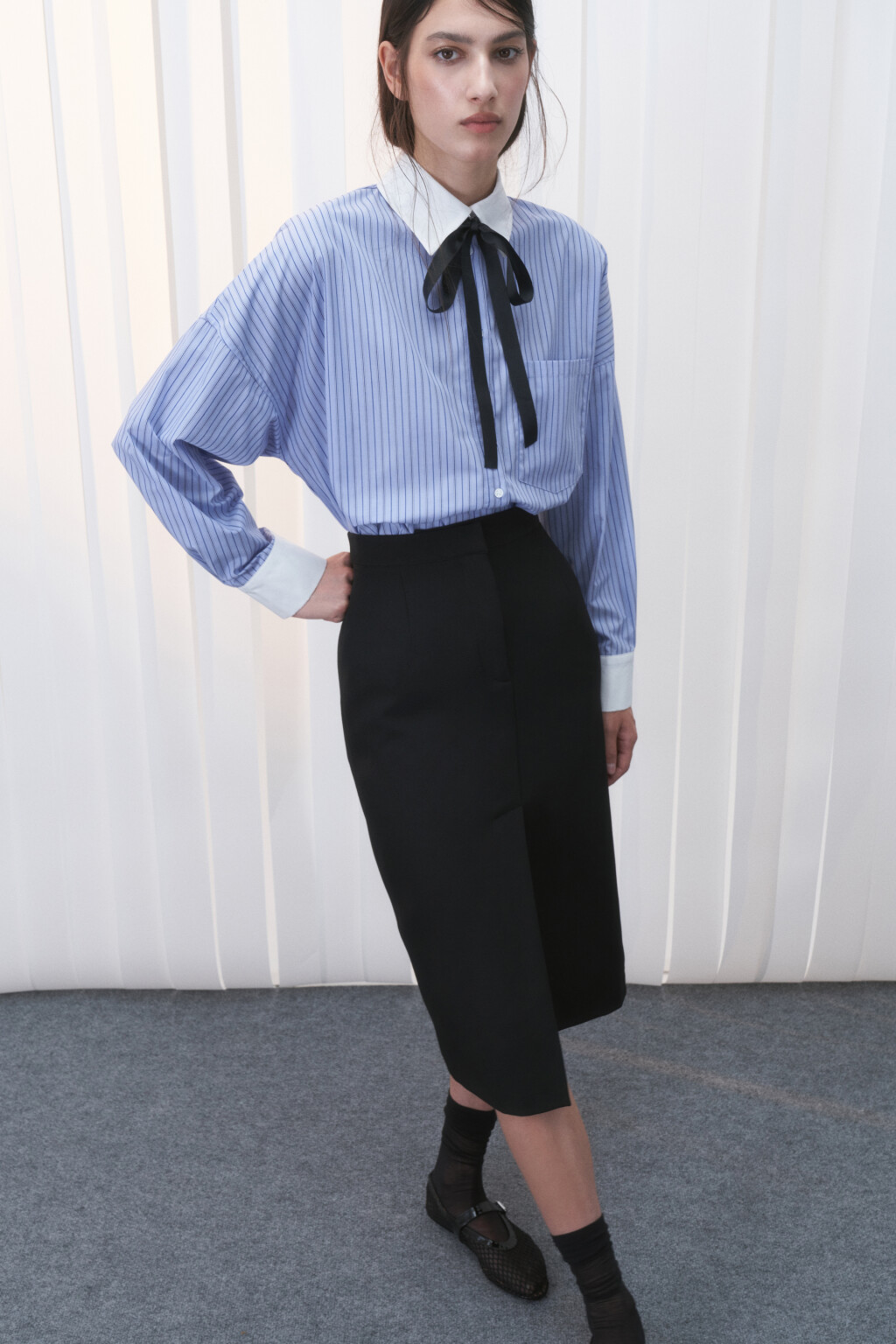 Рубашка-овершот длинная свободная с галстуком - цвет голубой - 9