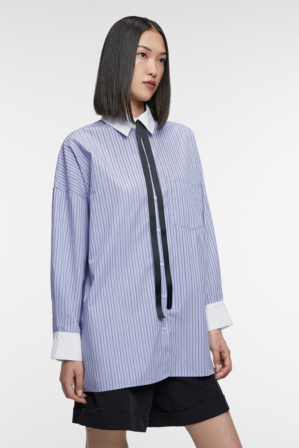 Рубашка-овершот длинная свободная с галстуком - цвет голубой - 3