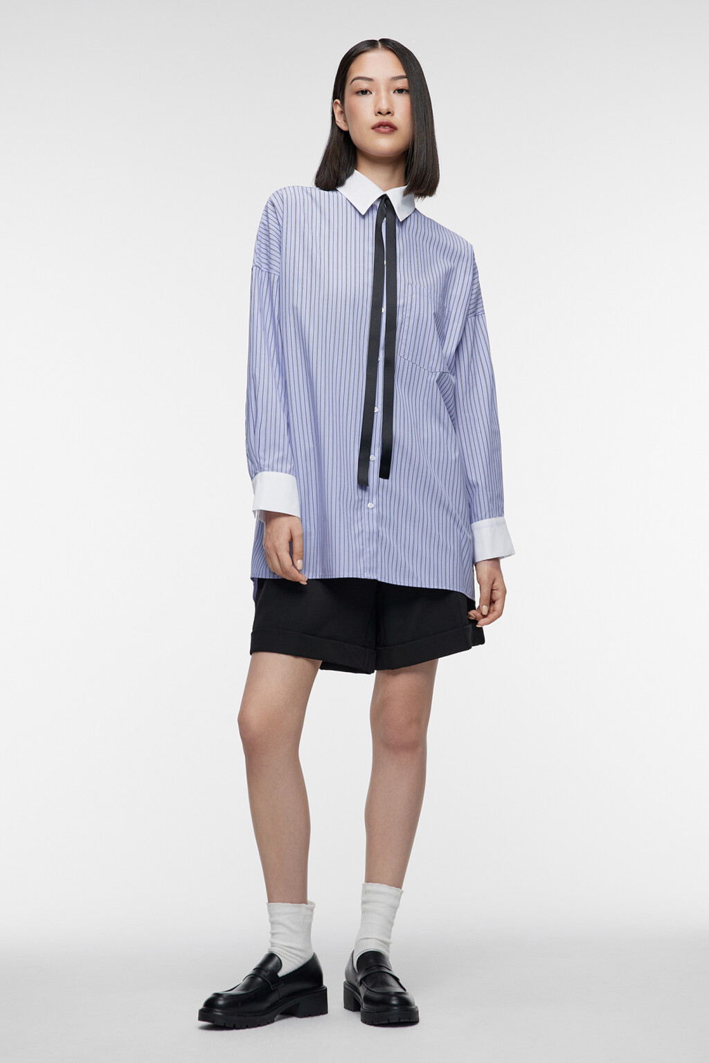 Рубашка-овершот длинная свободная с галстуком - цвет голубой - 1