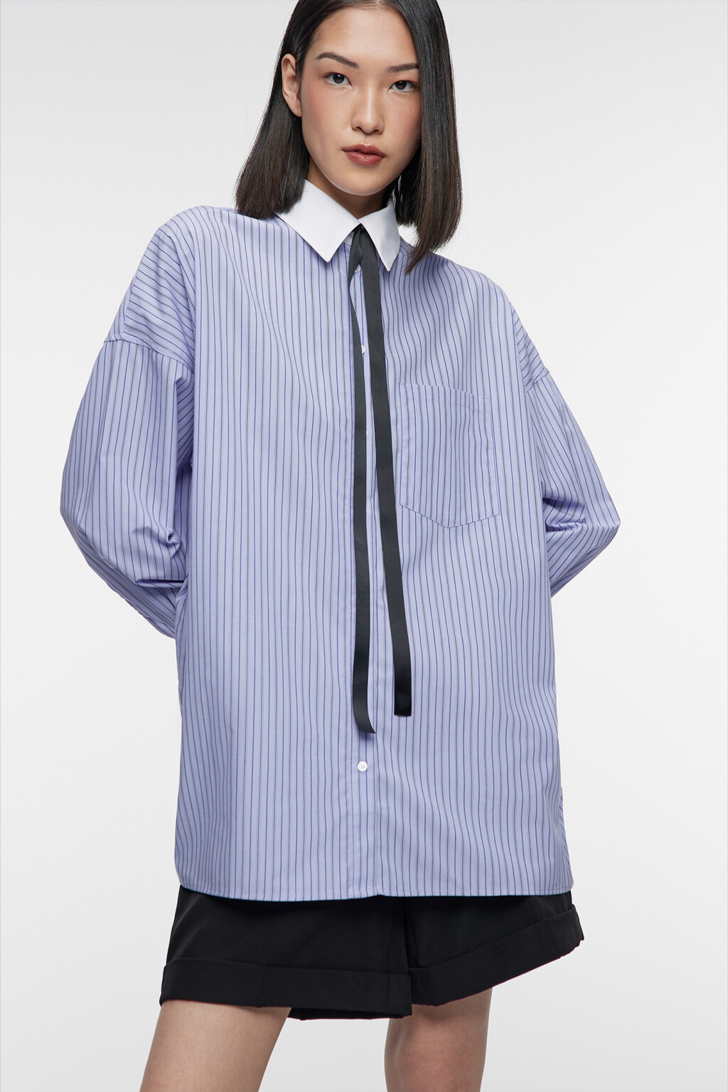 Рубашка-овершот длинная свободная с галстуком - цвет голубой - 8