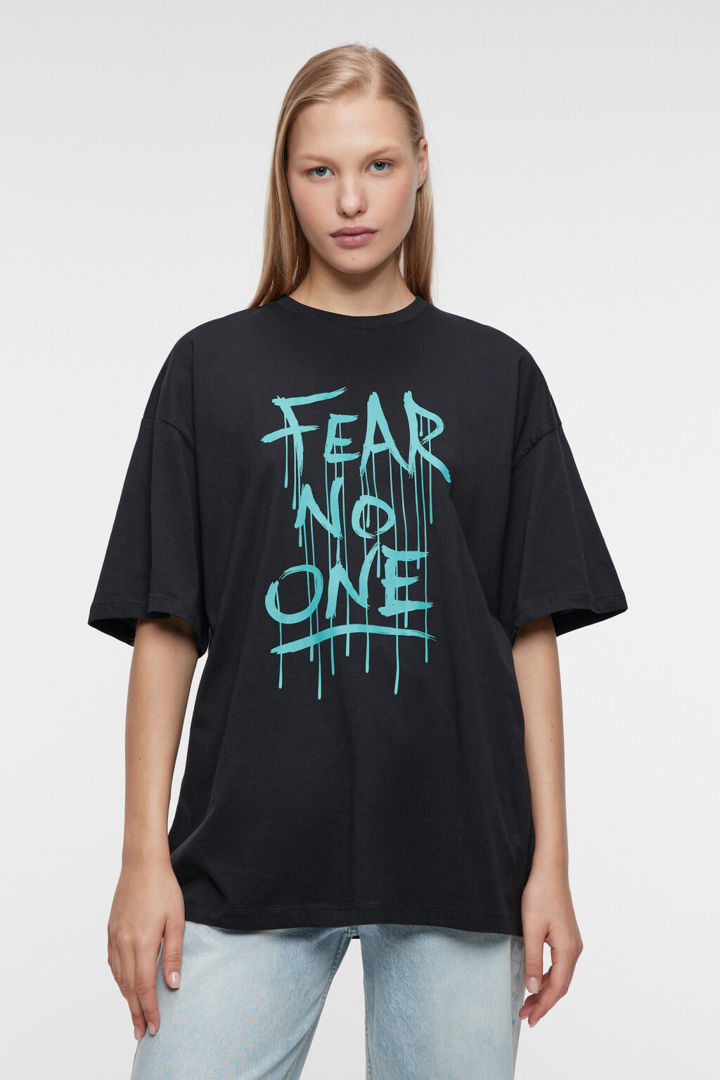 Футболка oversize хлопковая с принтом-надписью - цвет черный - 2