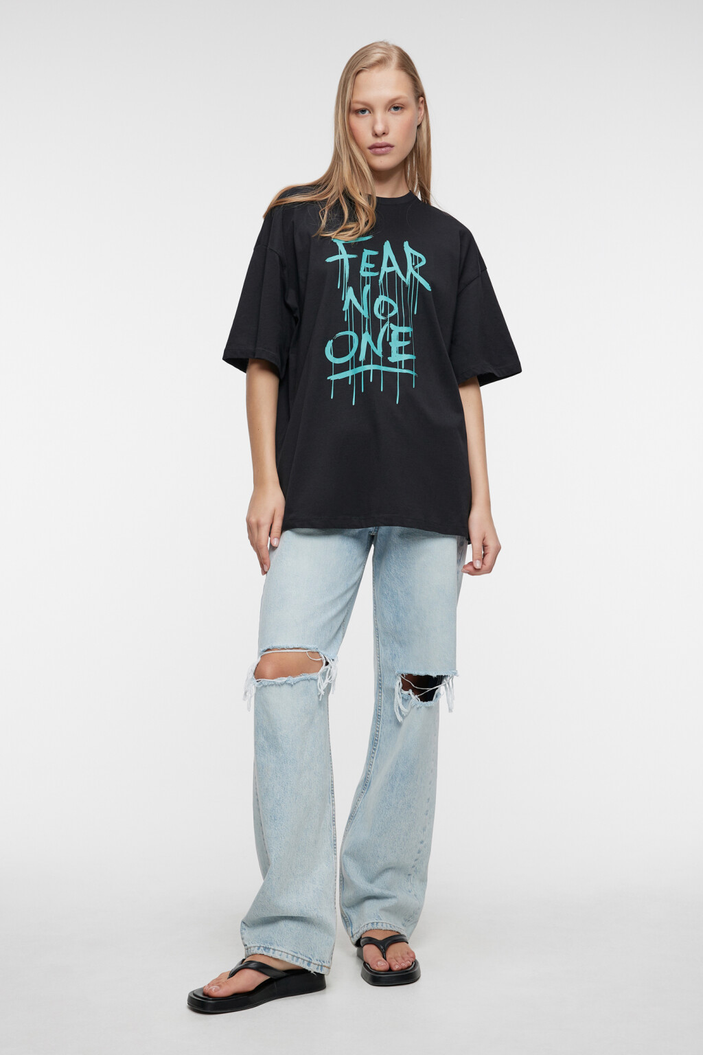 Футболка oversize хлопковая с принтом-надписью - цвет черный - 5