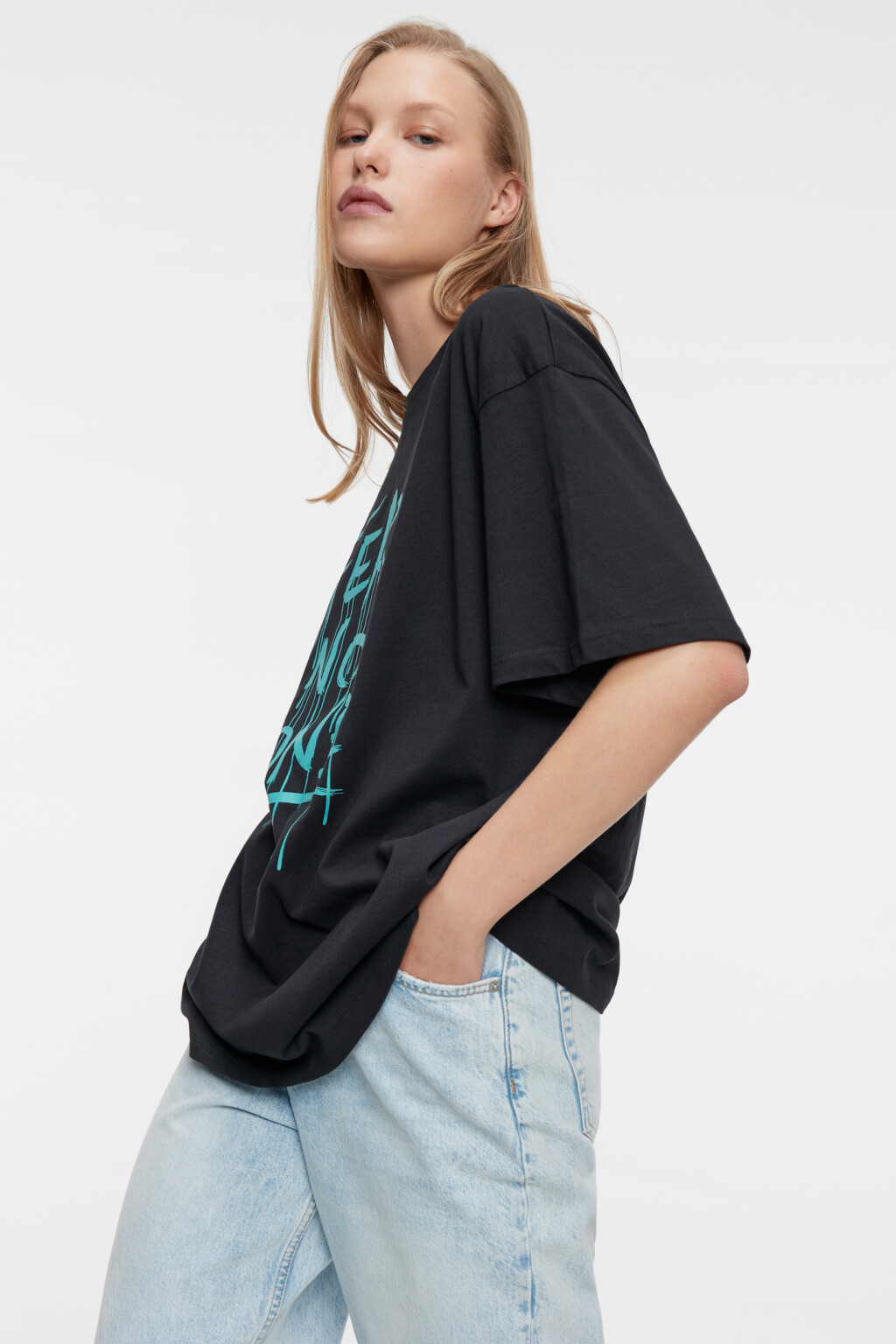 Футболка oversize хлопковая с принтом-надписью - цвет черный - 1