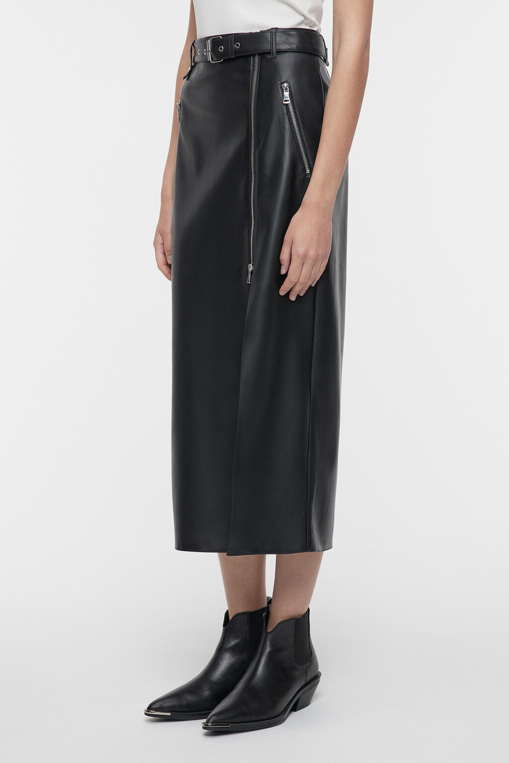 Юбка-карандаш миди прямая с ремнем и разрезом - цвет черный - 2