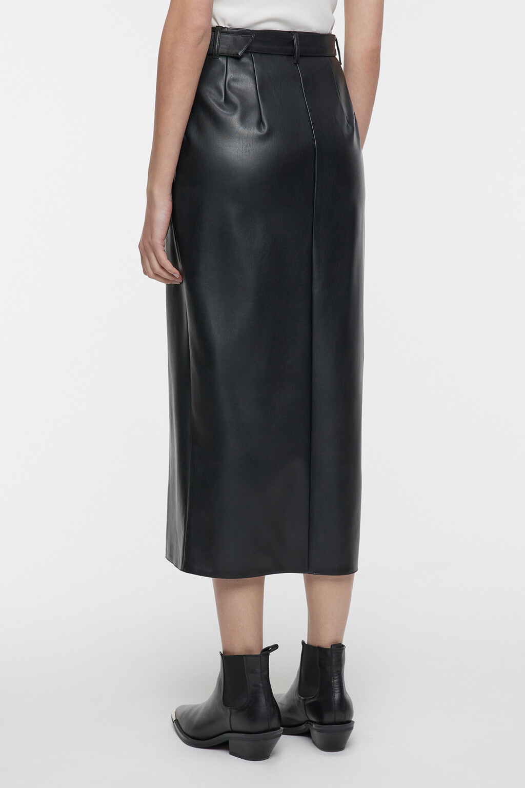 Юбка-карандаш миди прямая с ремнем и разрезом - цвет черный - 3