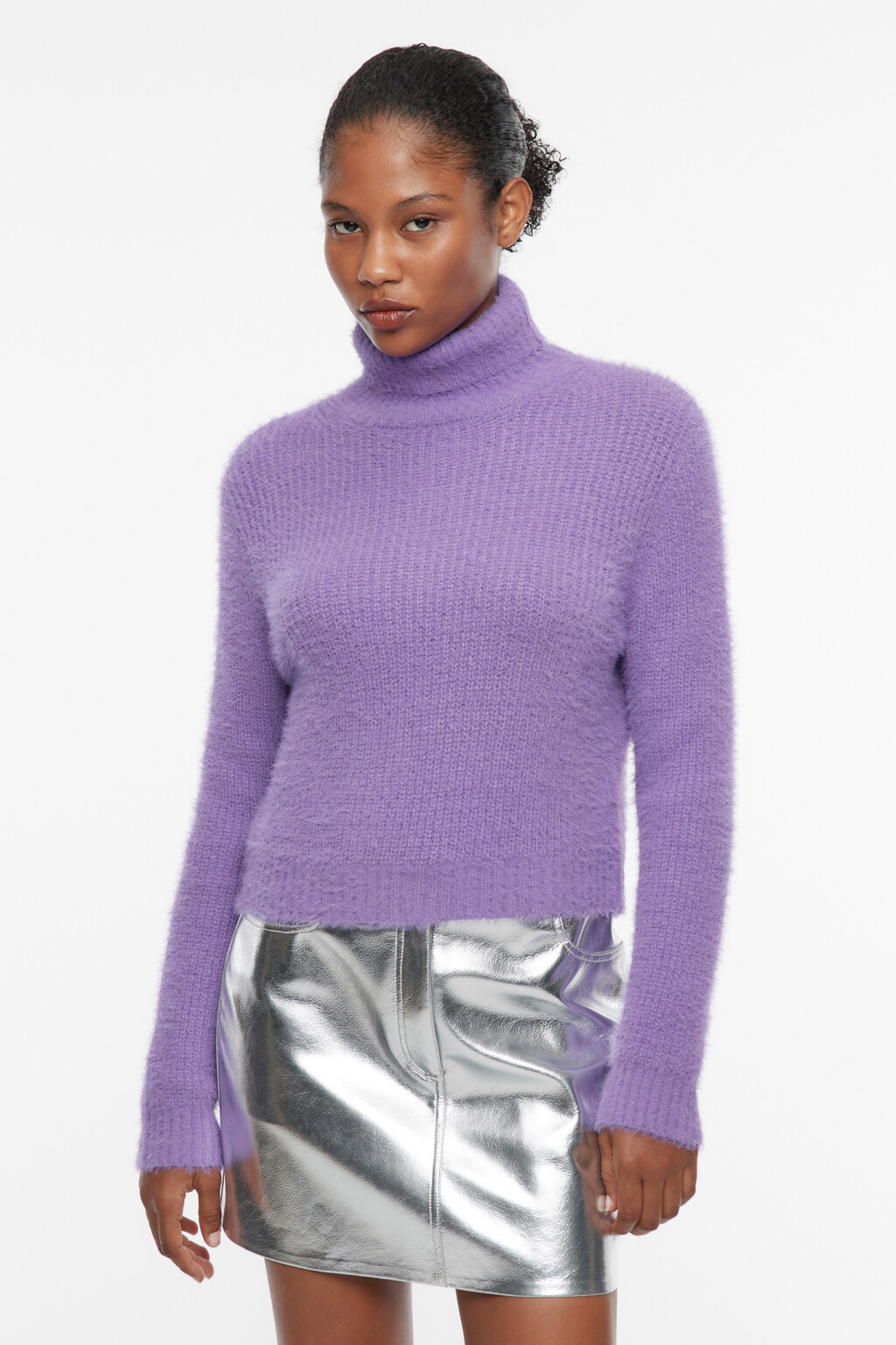 Свитер с горлом вязаный из пушистой пряжи-травки - цвет сиреневый - 1