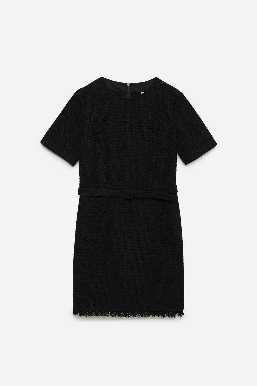 Платье мини твидовое с короткими рукавами и ремнем - цвет черный - 9